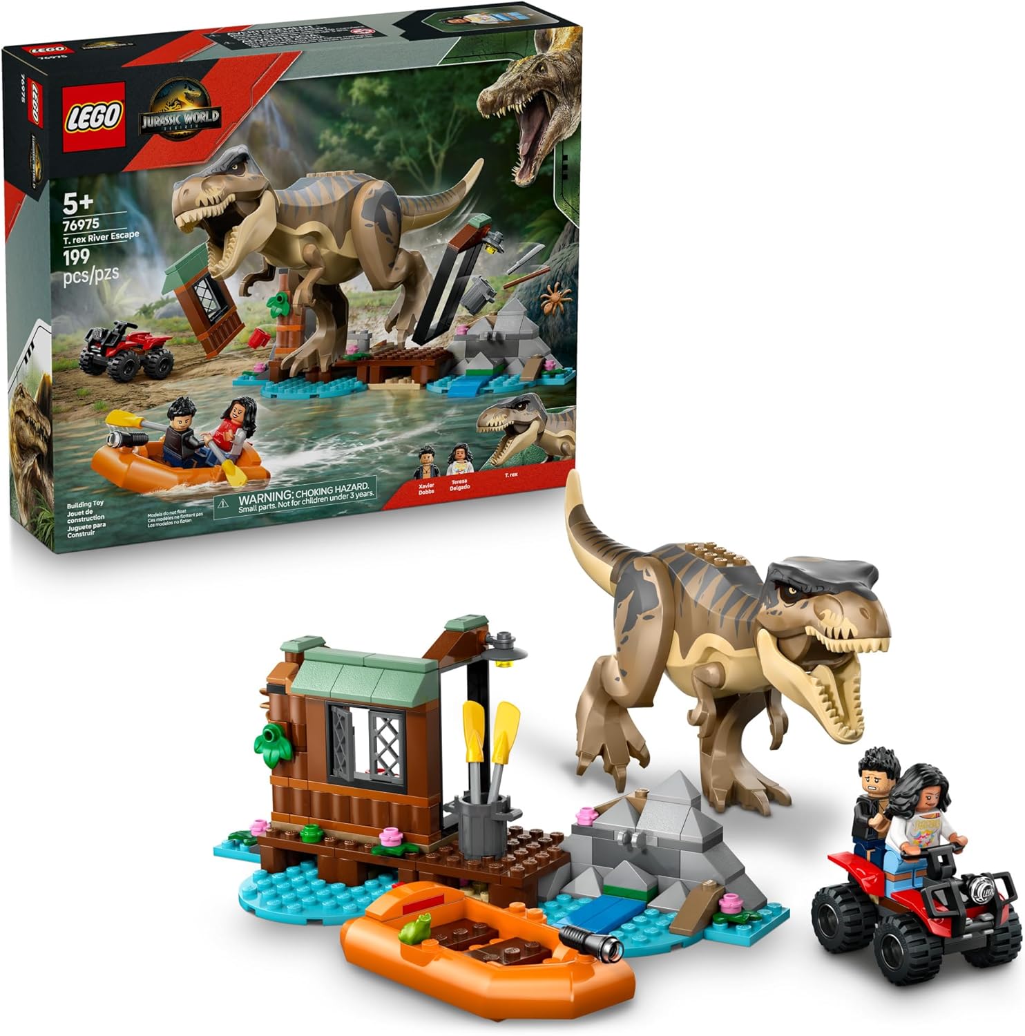 Ensemble LEGO avec T. rex, barque orange, quai et figurines miniatures.