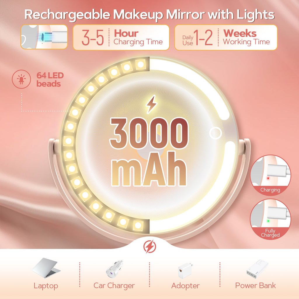 Miroir de maquillage rechargeable à anneau LED lumineux, sur pied, double face