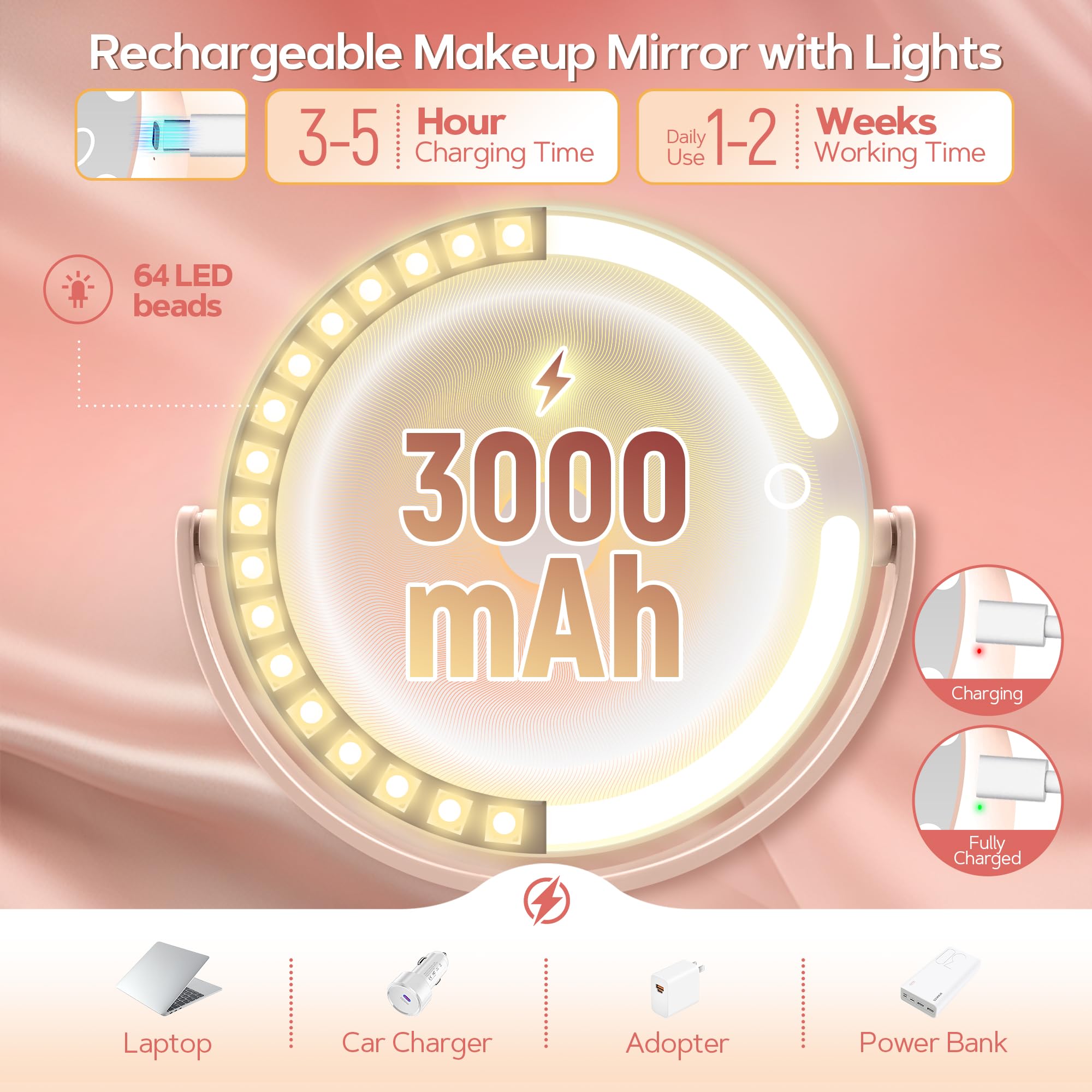 Miroir de maquillage rechargeable à anneau LED lumineux, sur pied, double face
