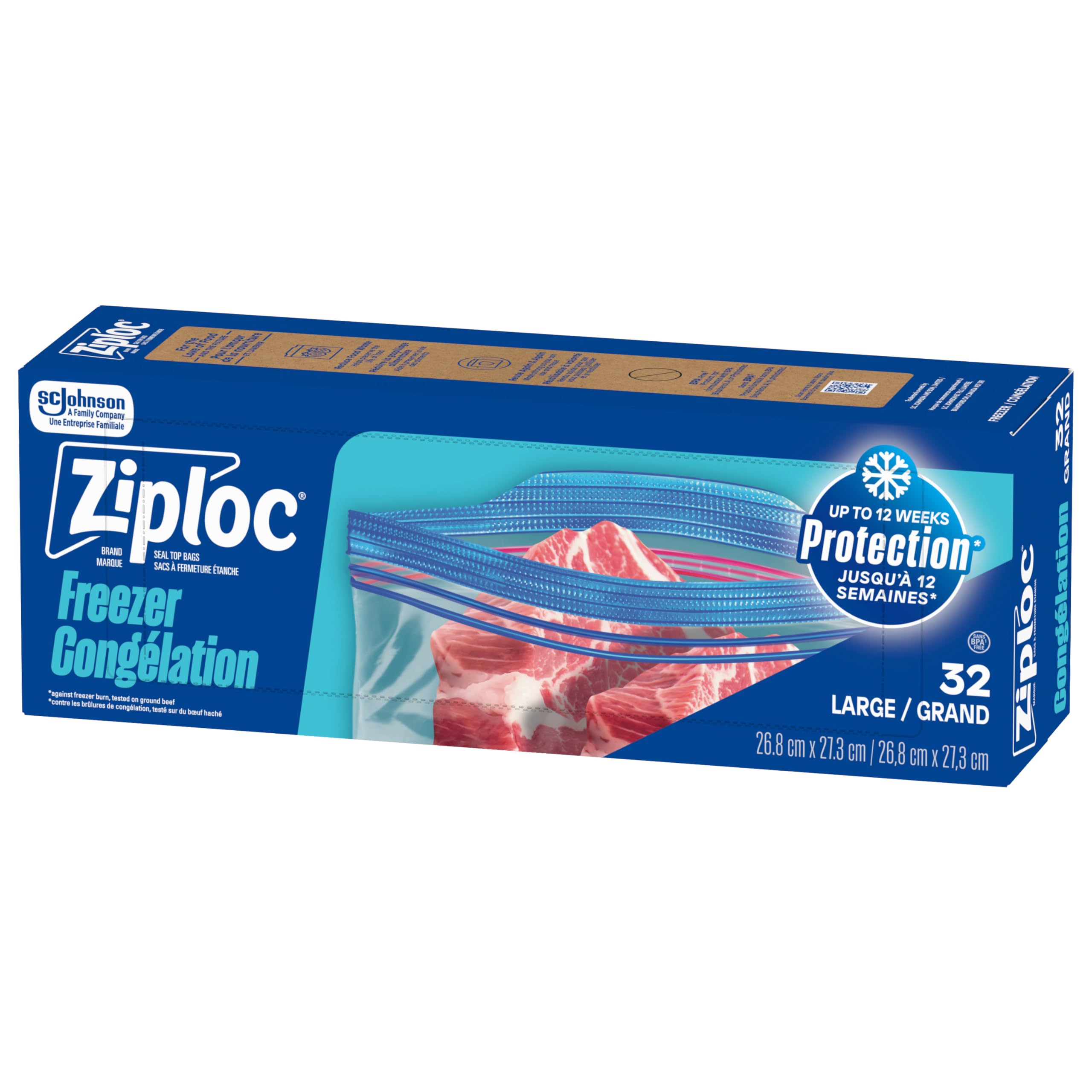 Boîte de sacs de congélation Ziploc grand format, rangées de viande illustrées et fermeture zip