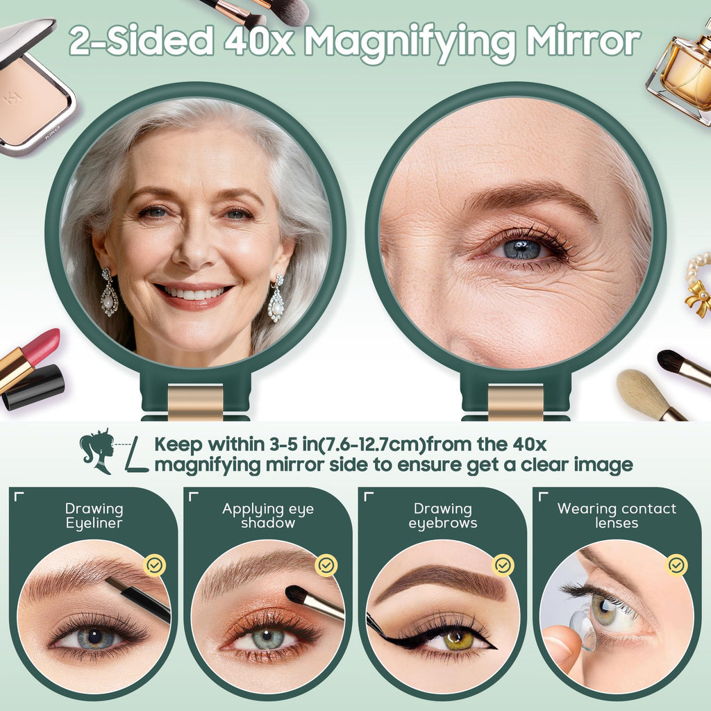 Miroir double face 40x, vue du visage, cadre vert, poignée