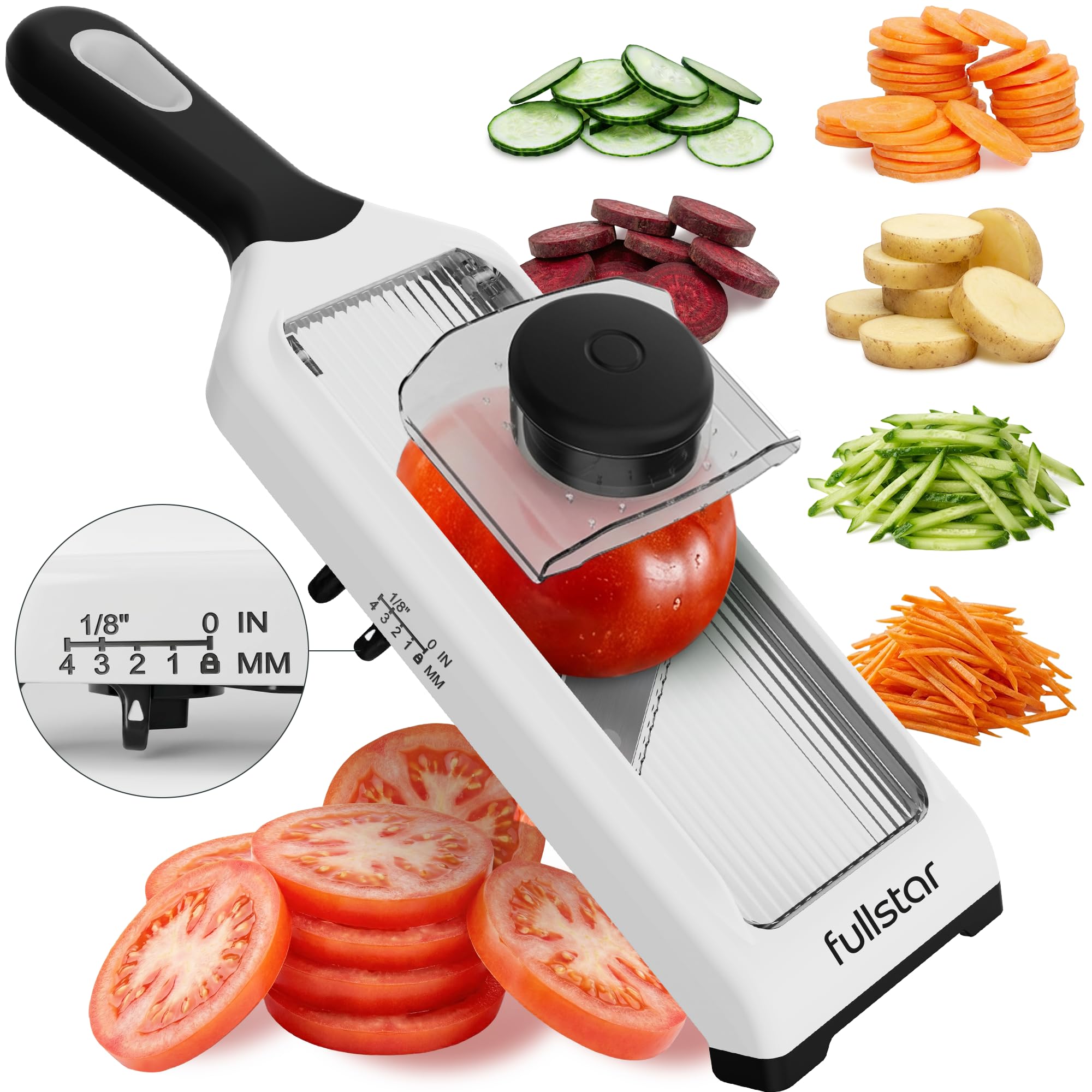Fullstar 2-in-1 Handheld Mandoline Vegetable Slicer for Kitchen - 4 Thickness Settings - Easy to Use Veggie Slicer & Julienne Cutter - Sharp Blades with Stainless Steel Guard (Handheld 2-in-1, White)