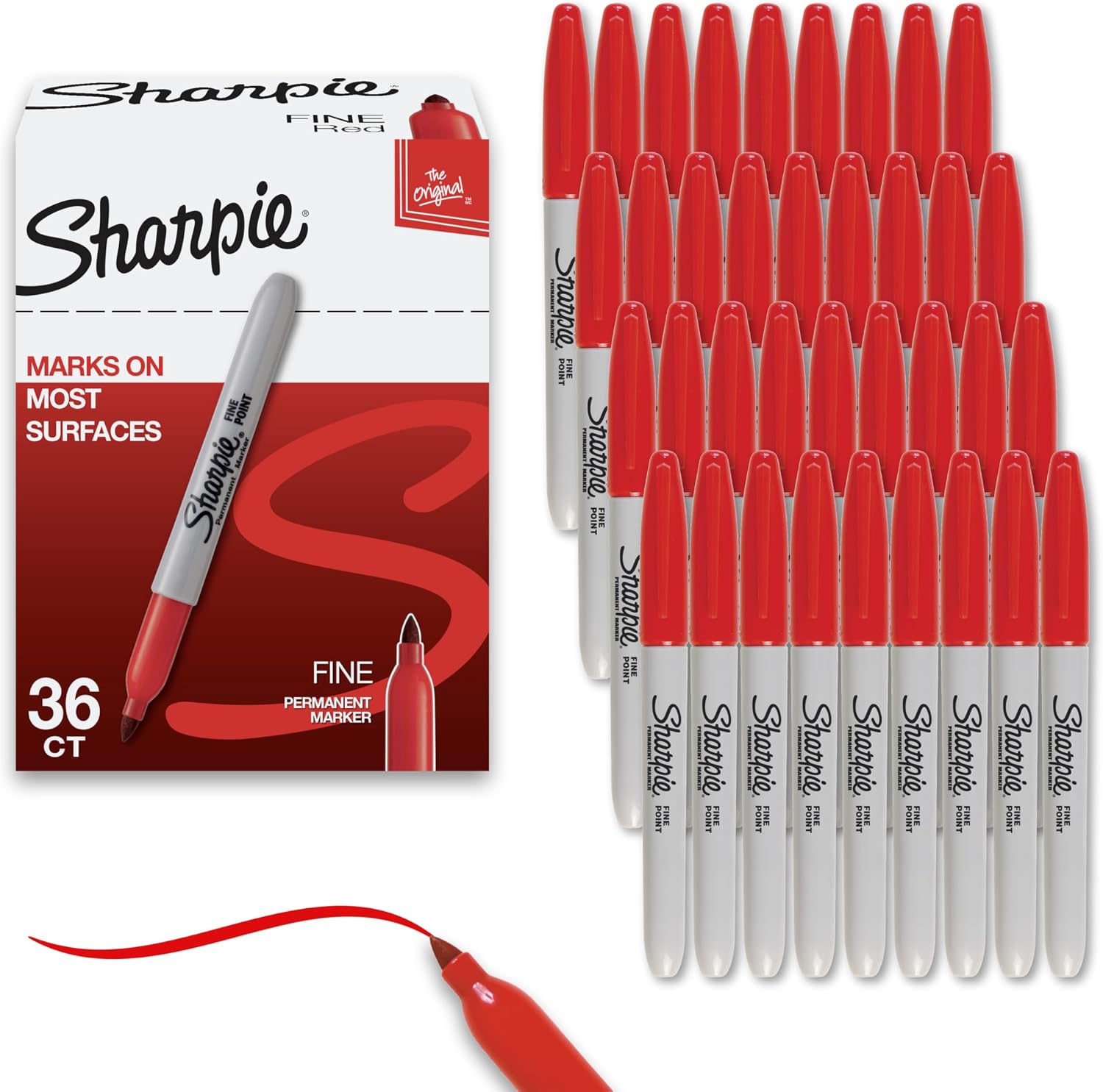 Lot de 36 marqueurs permanents Sharpie à pointe fine, rouge, en boîte