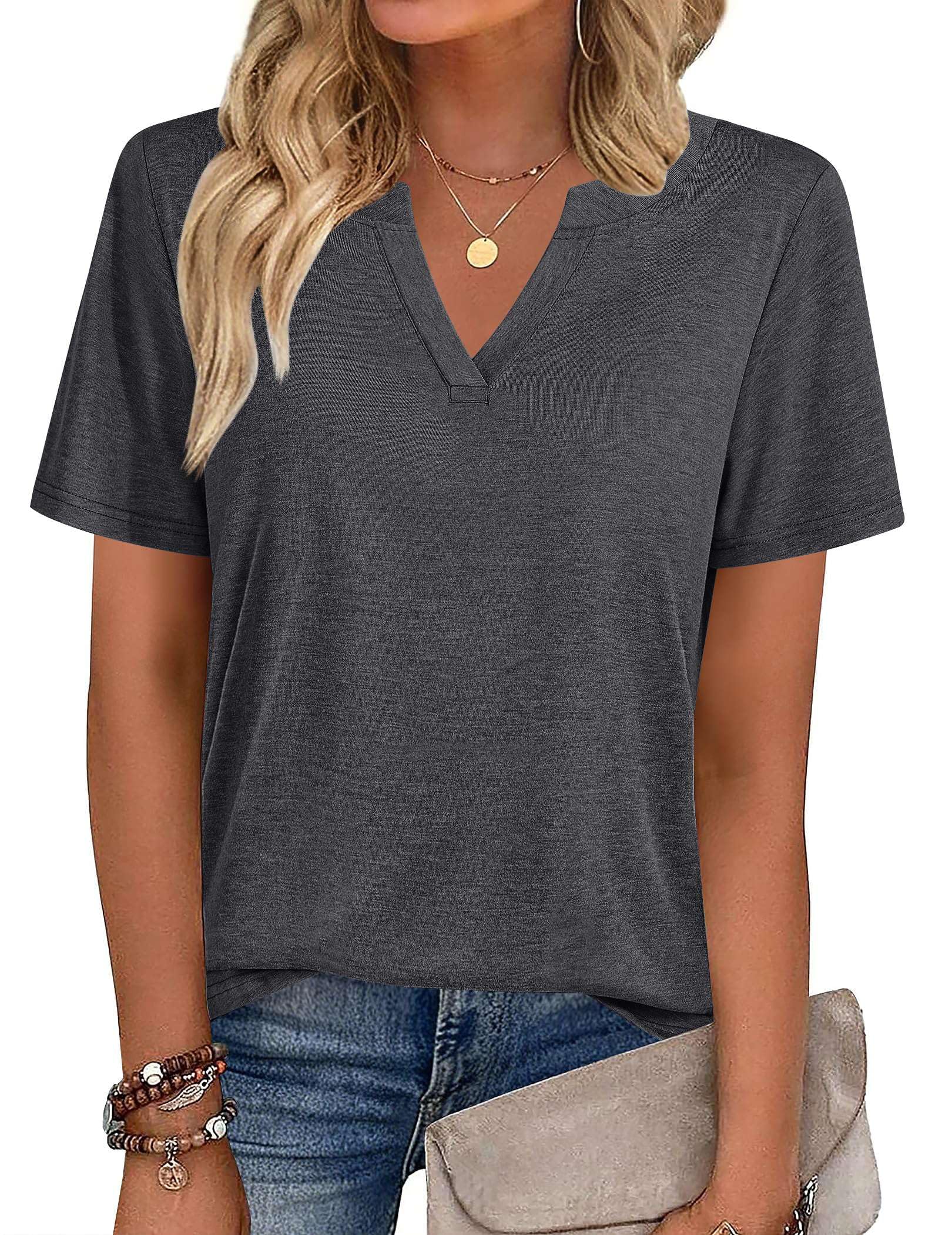 isermeo Womens Tops Short Sleeve V Neck Tee Shirts Cute Dressy Casual Summer Clothing Business Work Blouse S-XXL