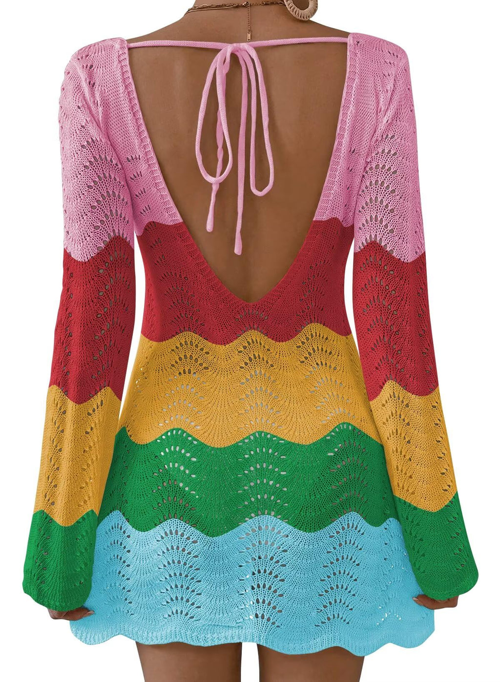 Falechay Womens Swimsuit Cover Up Long Sleeve Crochet Bathing Suit Mesh Backless Cover Ups Summer Beach Vacation Outfits 2026