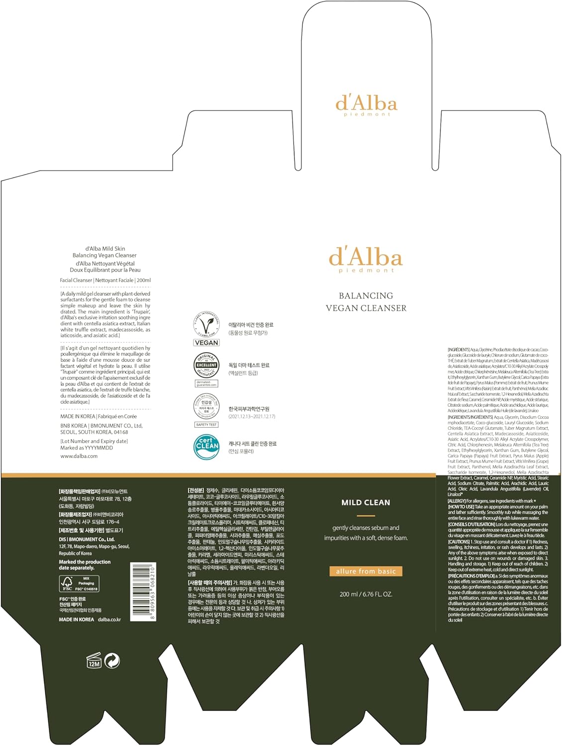 Emballage en carton pliant d’Alba Balancing Vegan Cleanser, face et dos visibles.