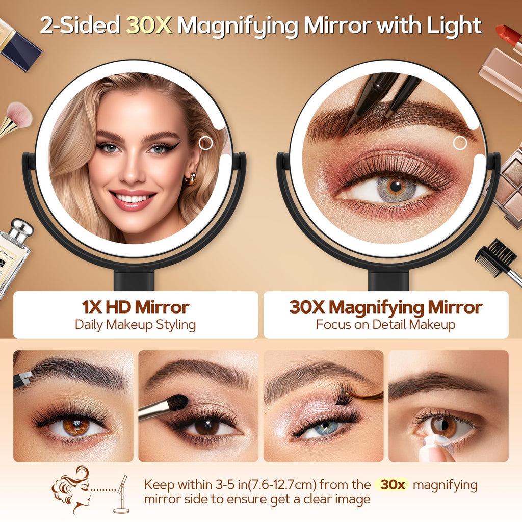 Miroir de maquillage éclairé double face, grossissement pour détails du maquillage