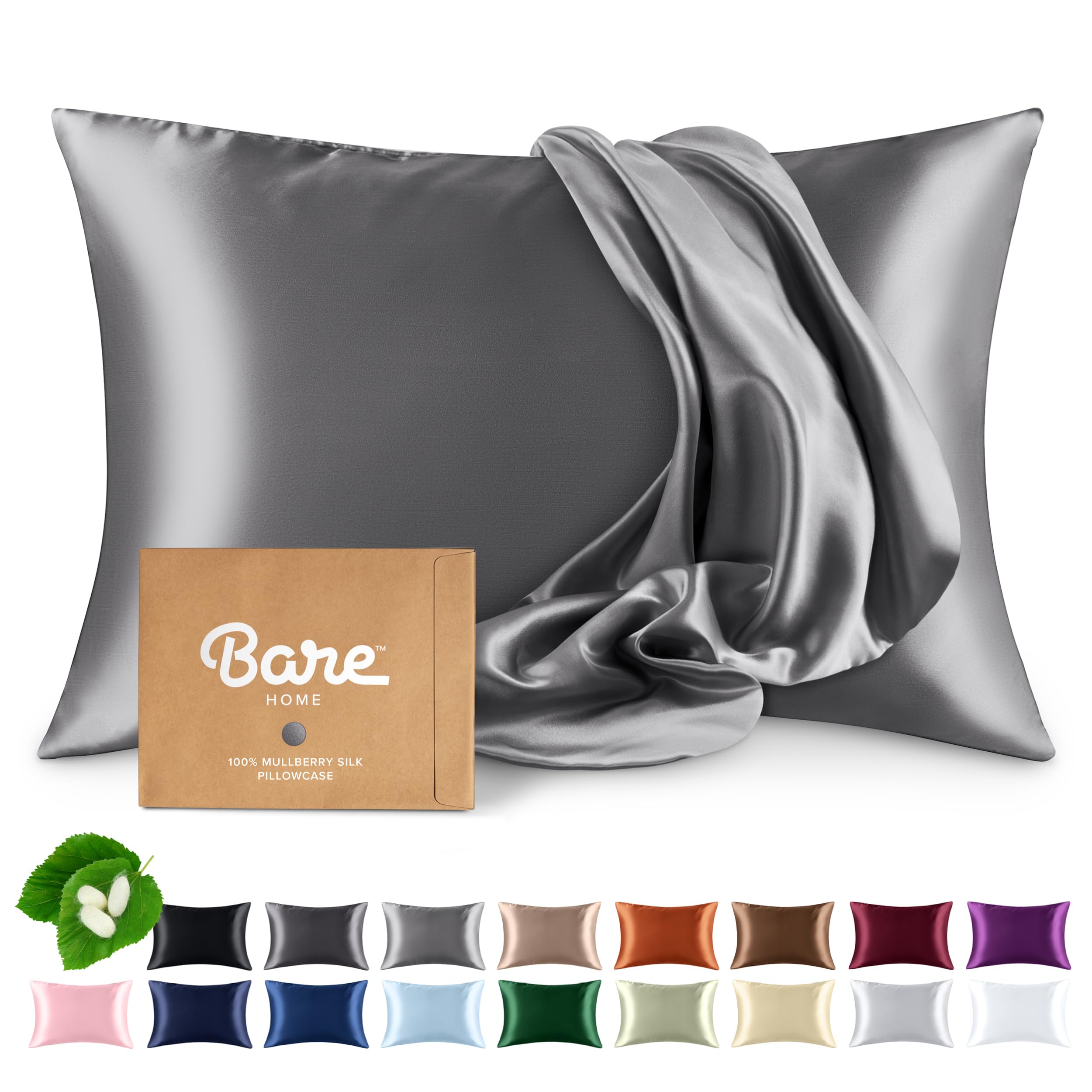 Bare Home 100% Mulberry Silk Pillowcase for Hair and Skin - Ultra Premium 6A Grade 19 Momme Silk Pillow Case - Hidden Zipper - Breathable Cooling Pillow Cover (Body, Silver)