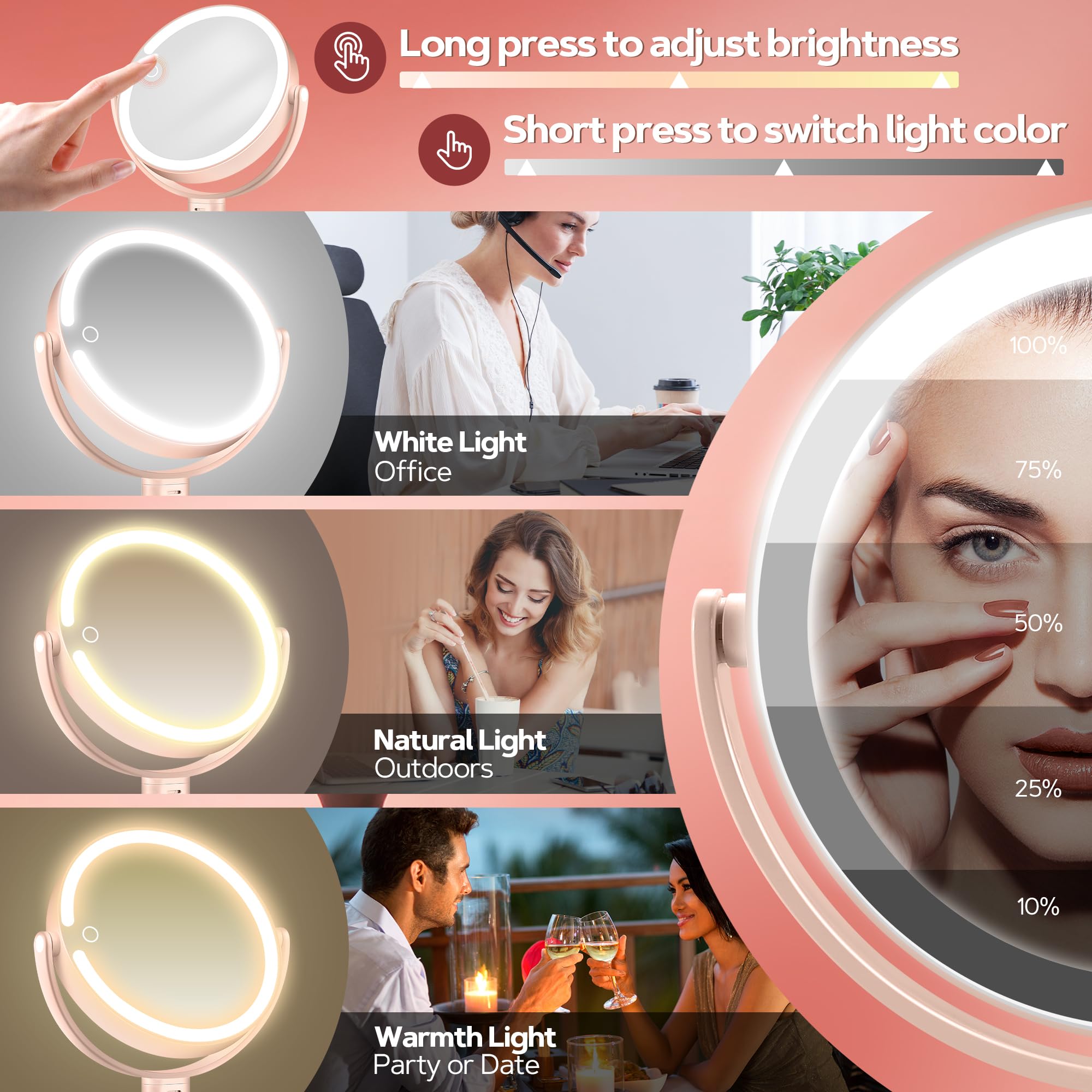 Miroir de maquillage lumineux double face avec anneau LED, réglage de luminosité