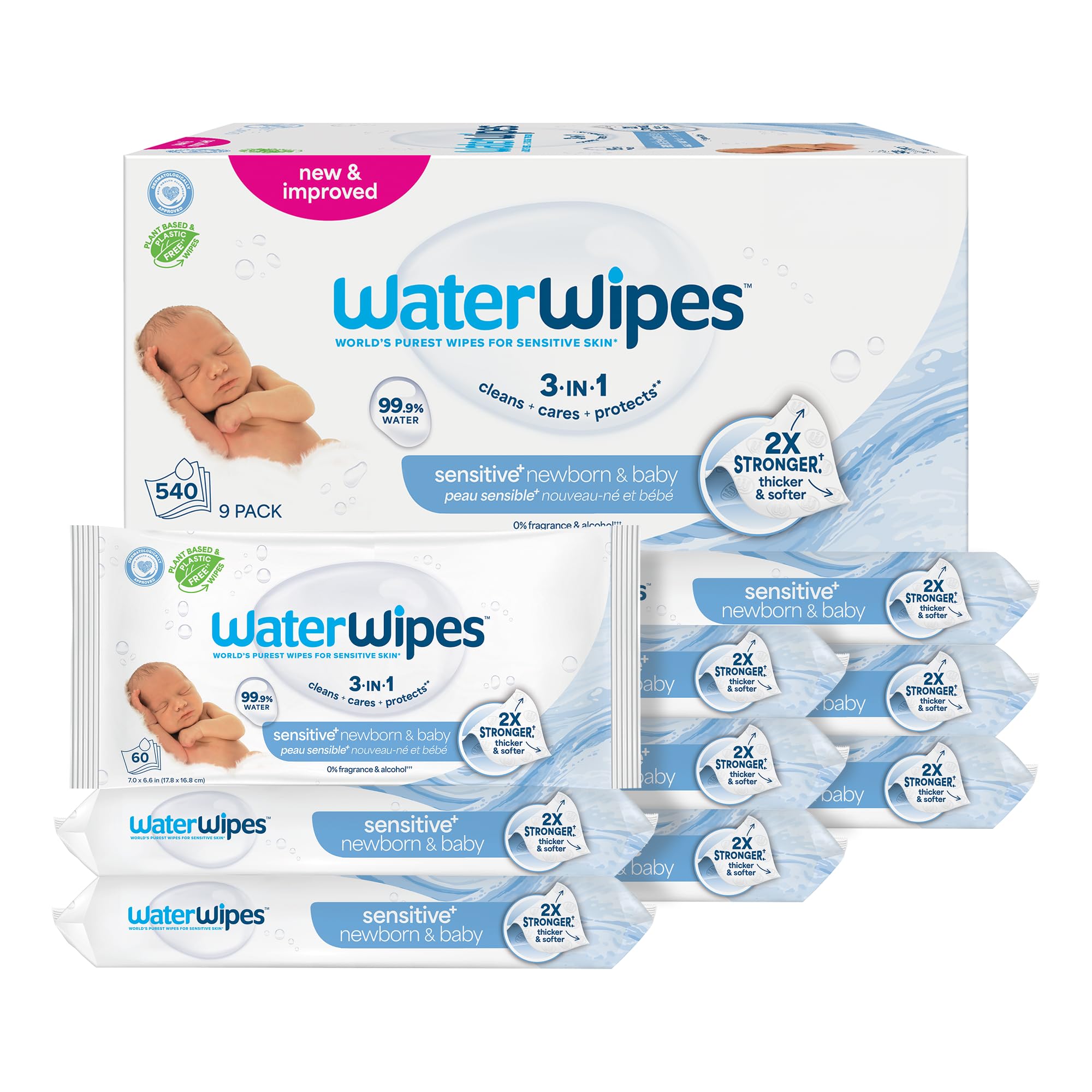 WaterWipes Sensitive+ Newborn & Baby Wipes, 3-In-1 Cleans, Cares, Protects, 99.9% Water, Unscented & Hypoallergenic, 720 Count (12 Packs)