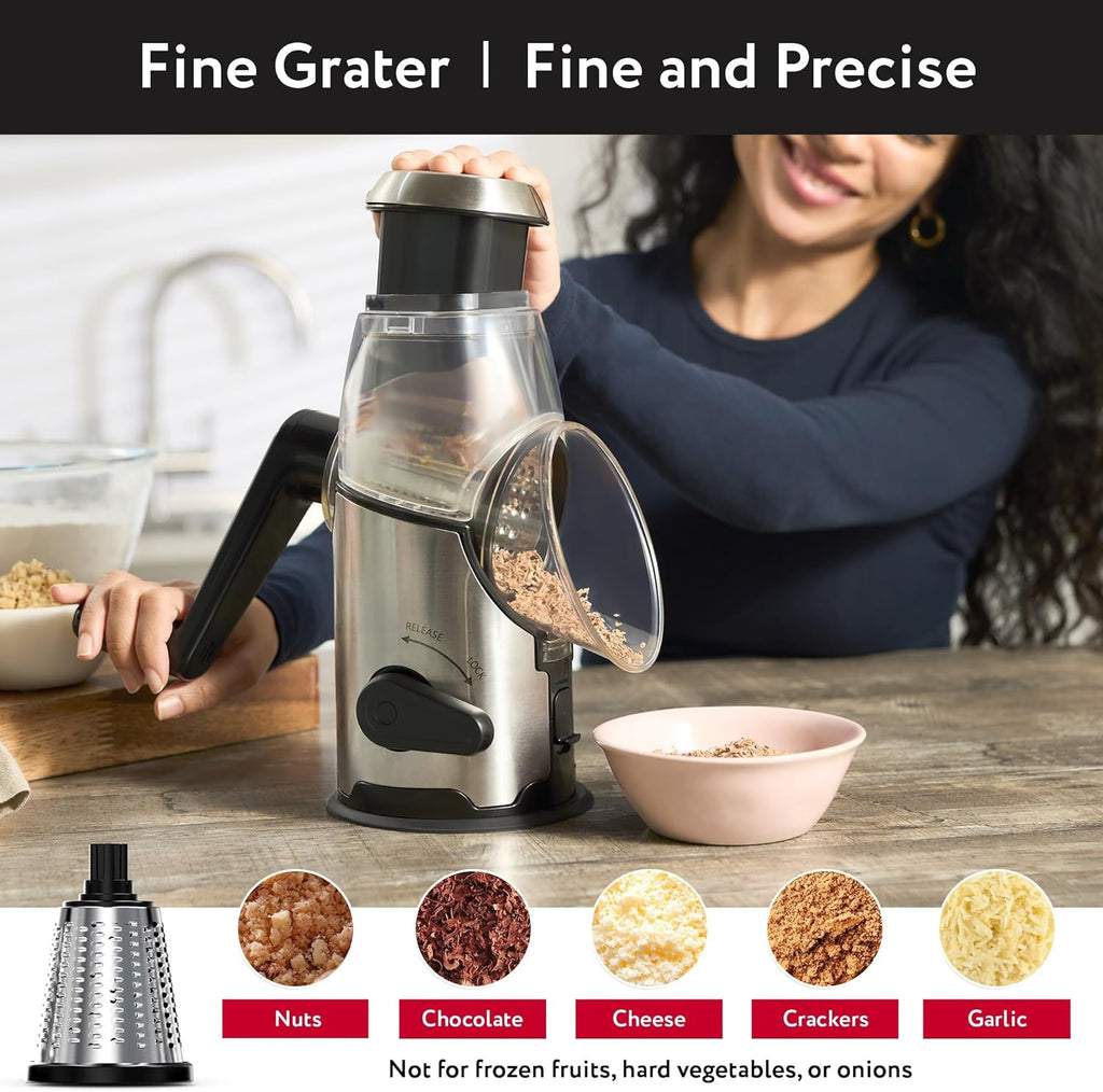 Cheese Grater Rotary Handheld - Vegetable Slicer - Stainless Steel Body & 3 Interchangeable Blades - Cheese Veggies Nuts Shredder - Non-Slip Base - Fast & Easy to Use Kitchen Gadget