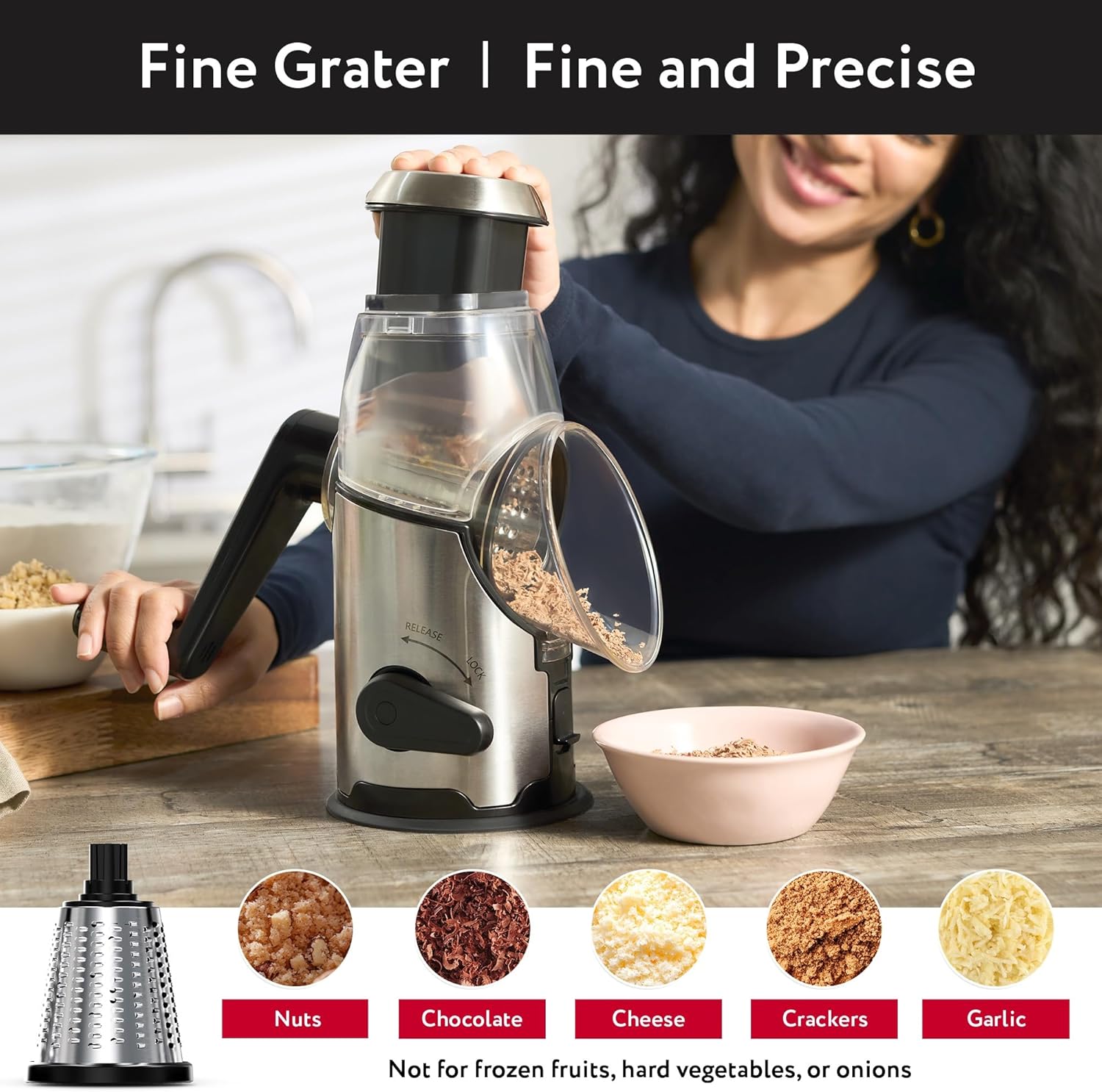 Cheese Grater Rotary Handheld - Vegetable Slicer - Stainless Steel Body & 3 Interchangeable Blades - Cheese Veggies Nuts Shredder - Non-Slip Base - Fast & Easy to Use Kitchen Gadget