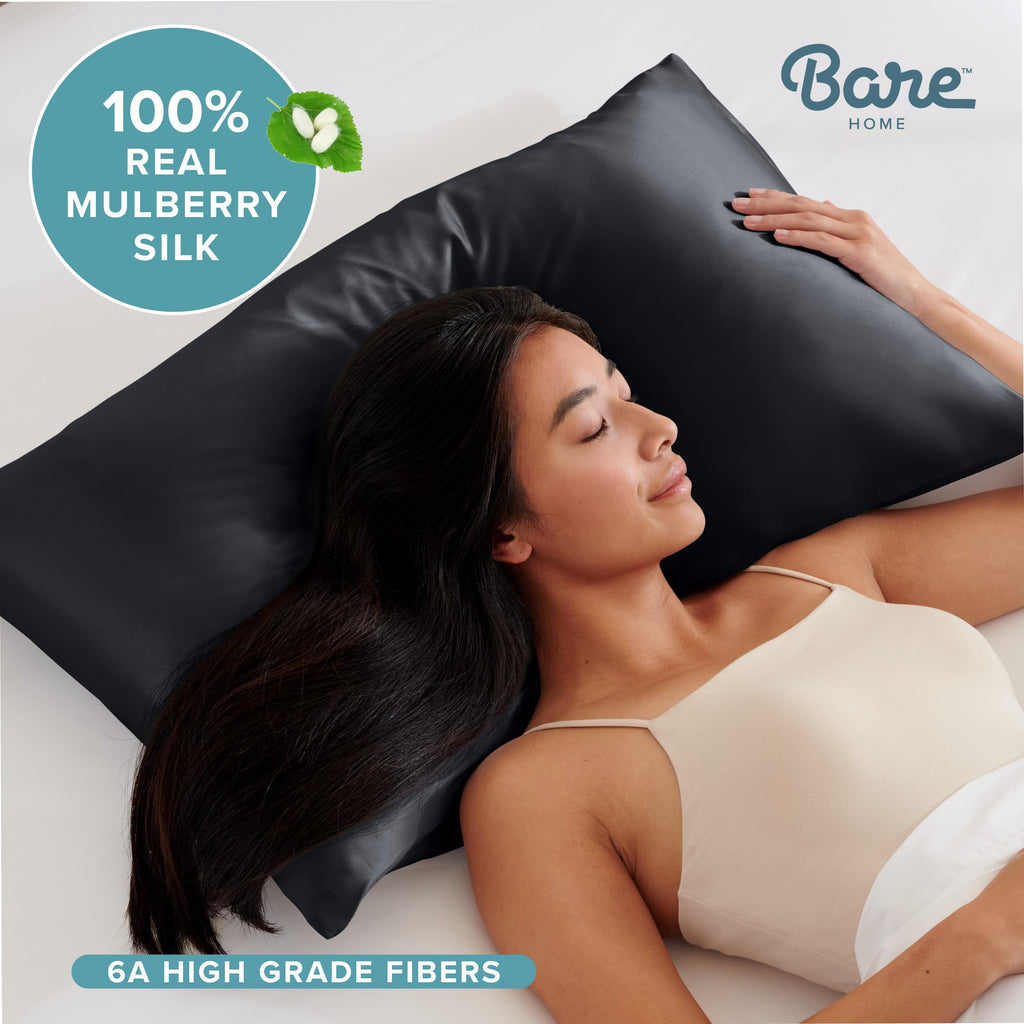 Bare Home 100% Mulberry Silk Pillowcase for Hair and Skin - Ultra Premium 6A Grade 19 Momme Silk Pillow Case - Hidden Zipper - Breathable Cooling Pillow Cover (Body, Silver)