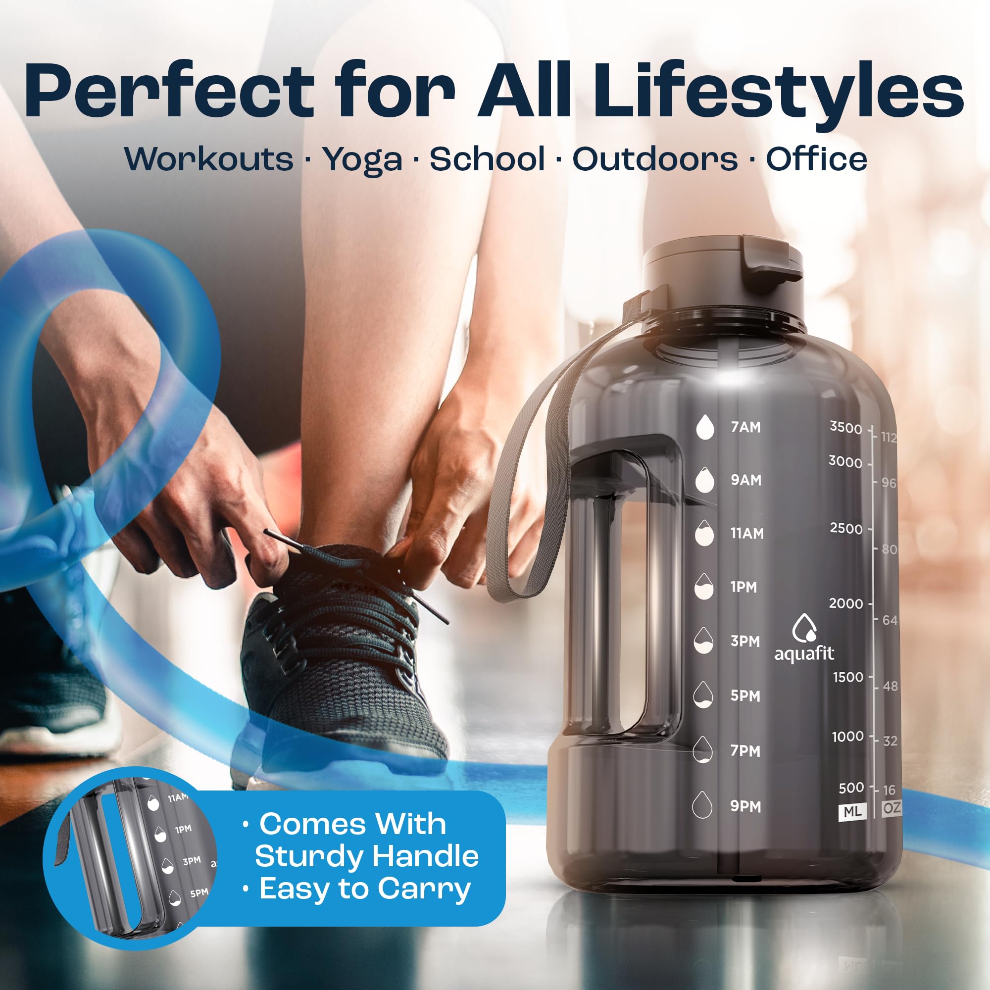AQUAFIT 1 Gallon Water Bottle with Straw - 4l Water Bottle Time Marker - Motivational Gym Water Bottles 4l - 4 litre Water Bottles 1 Gallon 128 oz - Big Water Jug Large Water Bottle Gray