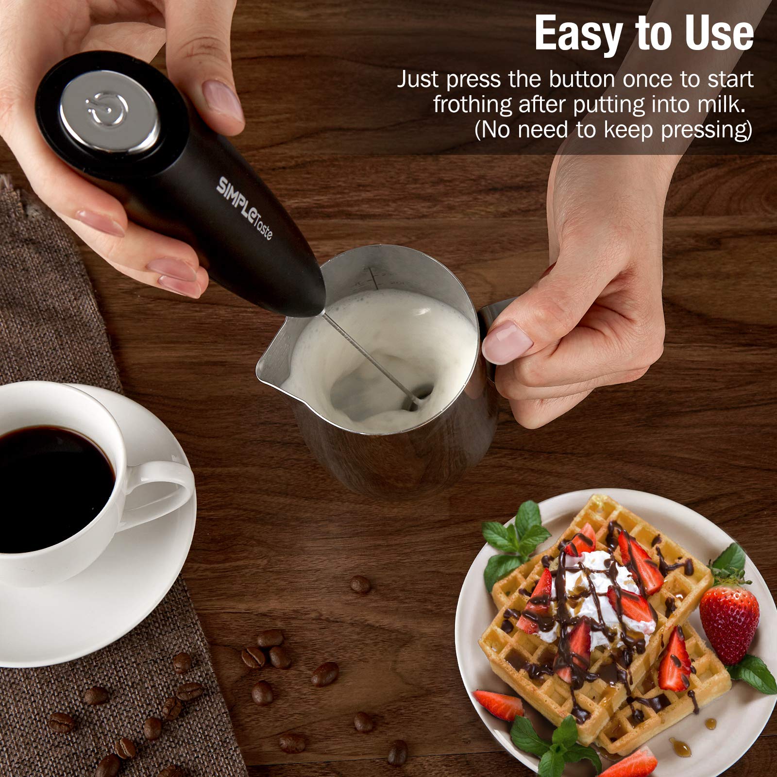 SIMPLETASTE Milk Frother Handheld Electric Foam Maker, Drink Mixer with Stainless Steel Whisk for Cappuccino, Bulletproof Coffee, Latte, Blizzard White, Without Stand, Battery Operated