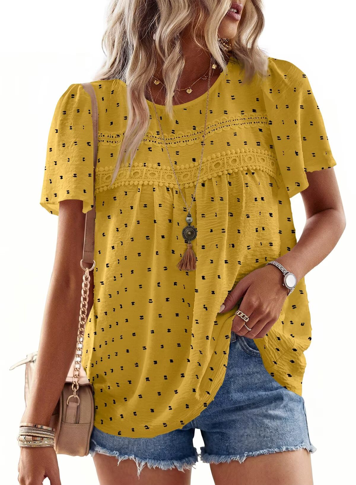 Falechay Womens Summer Tops Crewneck Short Sleeve Shirts Casual Chiffon Blouses Flowy Lace Hem Boho Clothing Trendy 2026