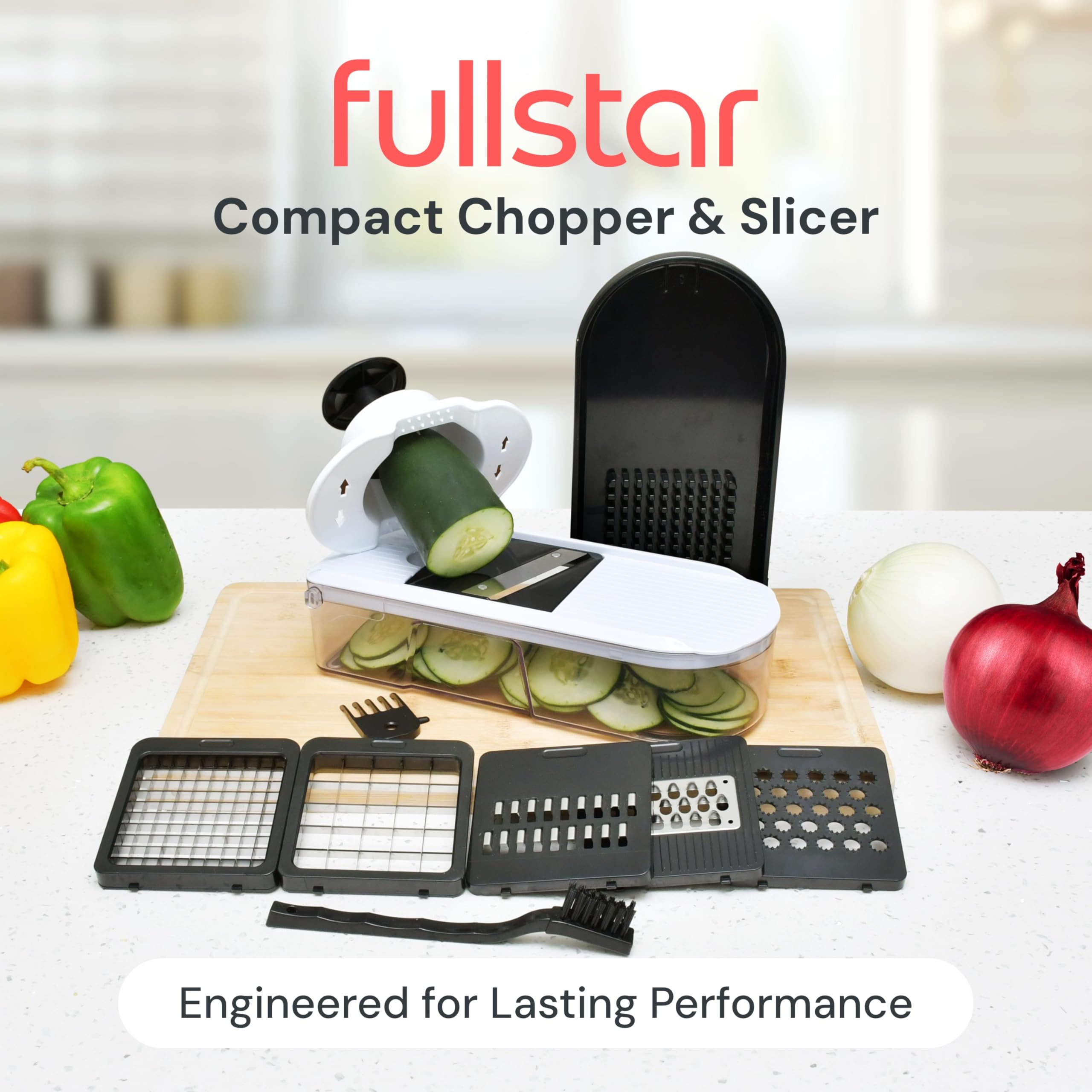 Fullstar Vegetable Chopper & Mandoline Slicer - Julienne Cutter Dicer Grater for Food Veggie Onion Cucumber Tomato Salad Potato Cheese - Kitchen Essentials & Gadgets (Compact 6-in-1, White)