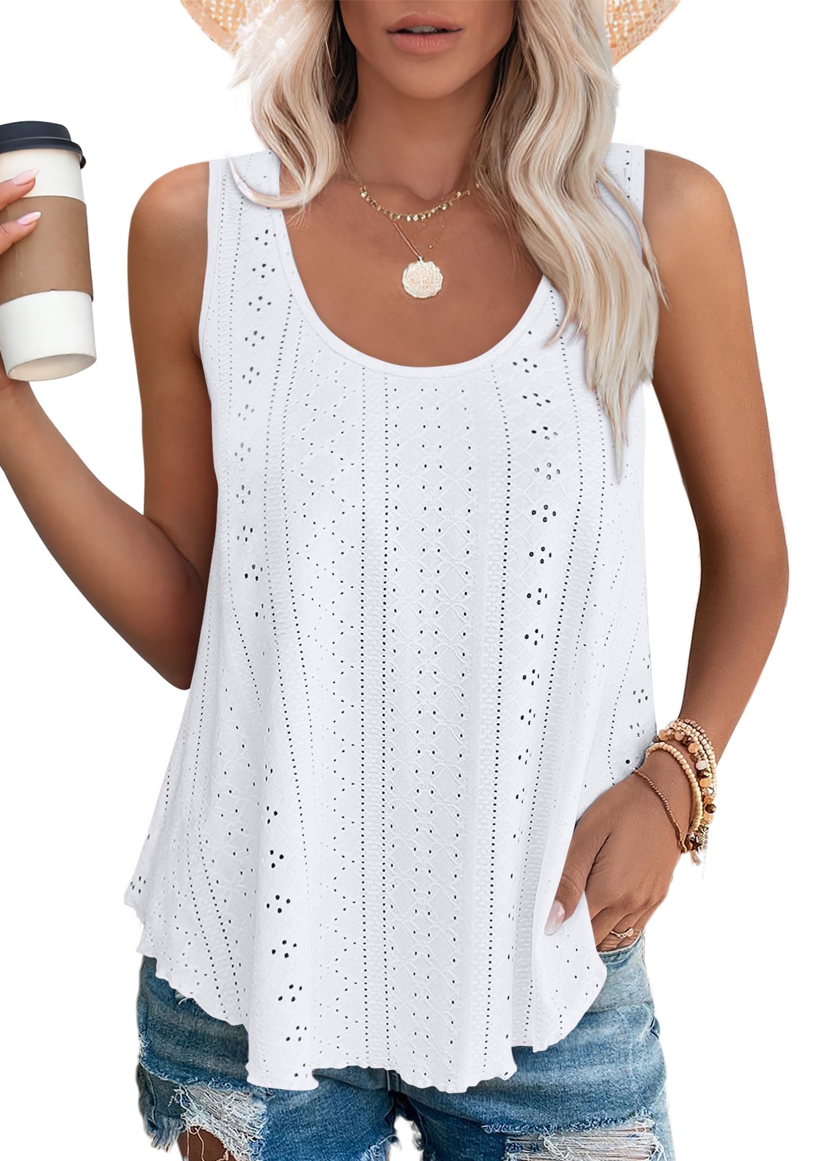 isermeo Womens Tank Tops Eyelet Embroidery Scoop Neck Loose Casual Sleeveless Flowy Summer Shirts Trendy S-2XL