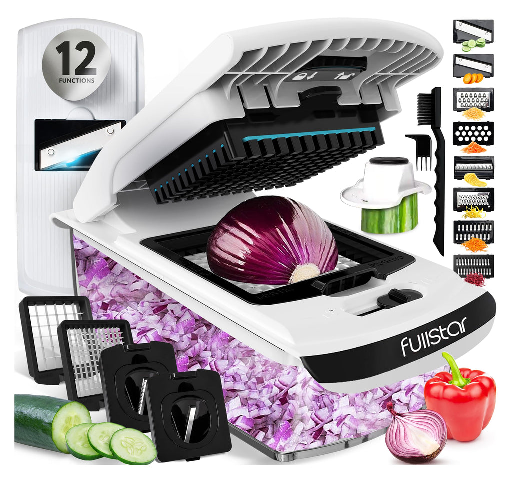 Fullstar Vegetable Chopper & Mandoline Slicer - Julienne Cutter Dicer Grater for Food Veggie Onion Cucumber Tomato Salad Potato Cheese - Kitchen Essentials & Gadgets (Compact 6-in-1, White)