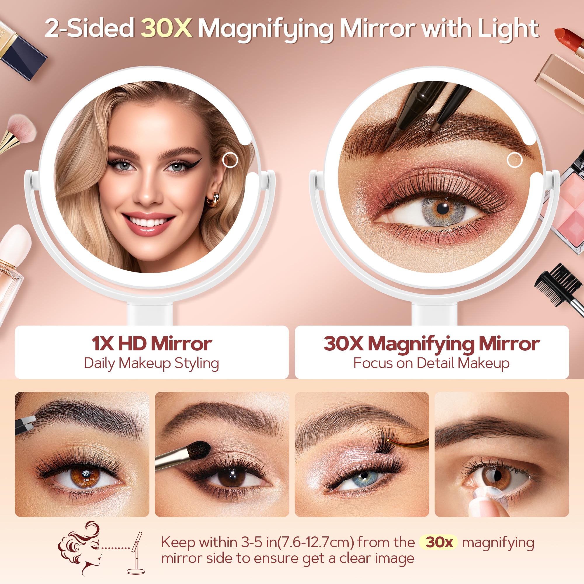 Miroir grossissant lumineux double face 30x, cadre blanc, gros plans sur le visage