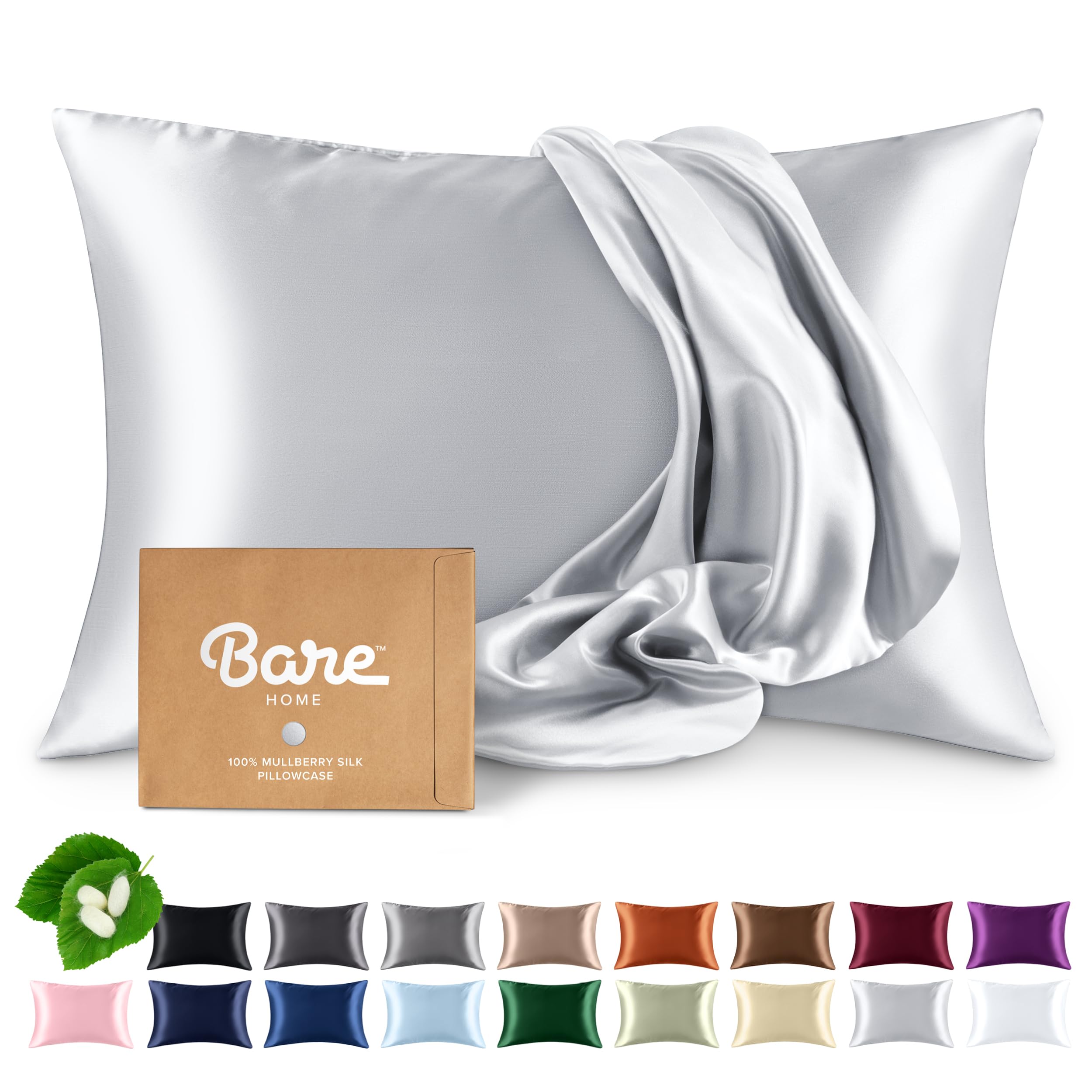 Bare Home 100% Mulberry Silk Pillowcase for Hair and Skin - Ultra Premium 6A Grade 19 Momme Silk Pillow Case - Hidden Zipper - Breathable Cooling Pillow Cover (Body, Silver)