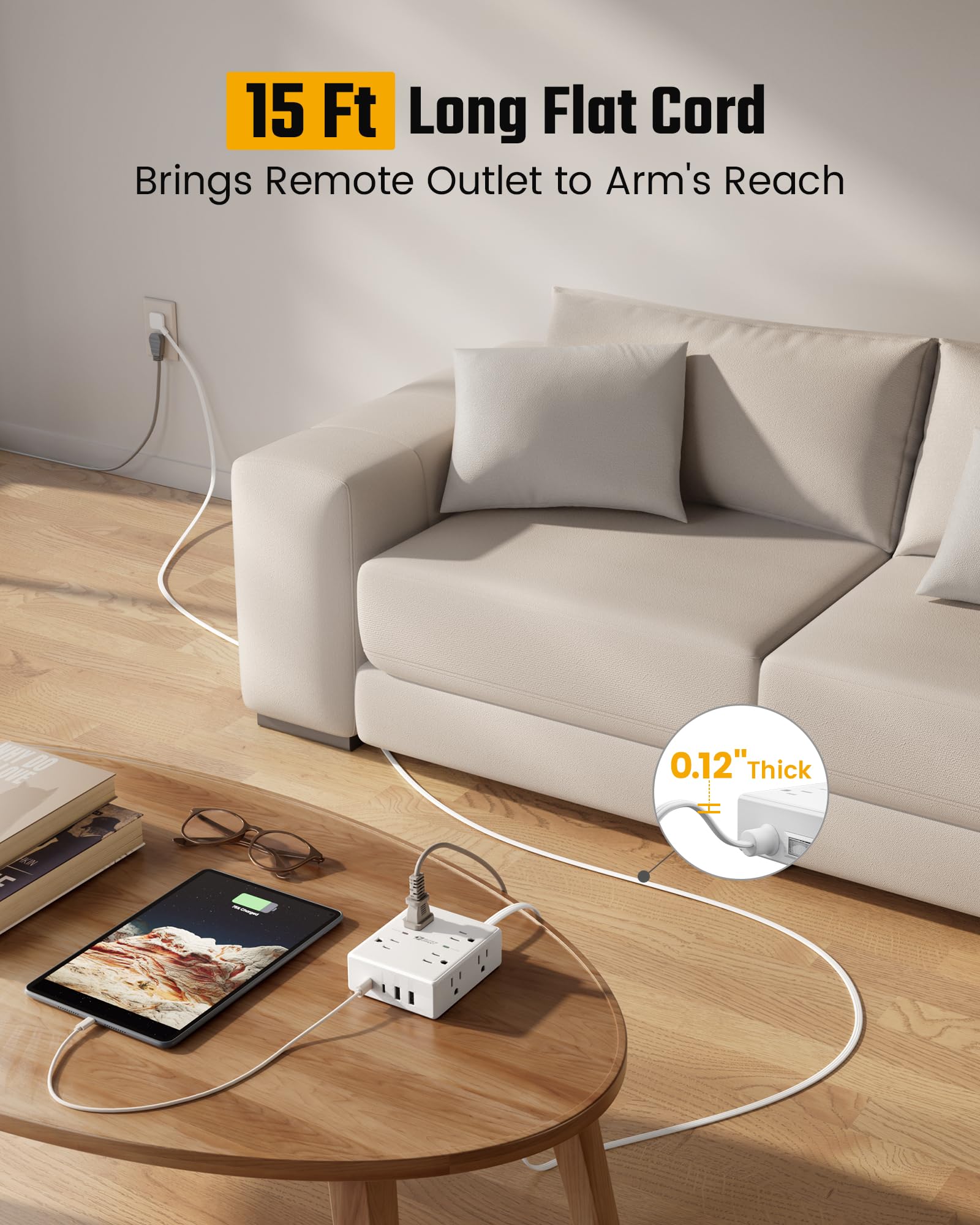 Surge Protector Power Bar, SUPERDANNY 6 Ft Extension Cord with 8 Outlets & 4USB Ports (2 USB 2 C), Mountable Flat Plug Power Strip, Surge Protection for Home, Office, Dorm