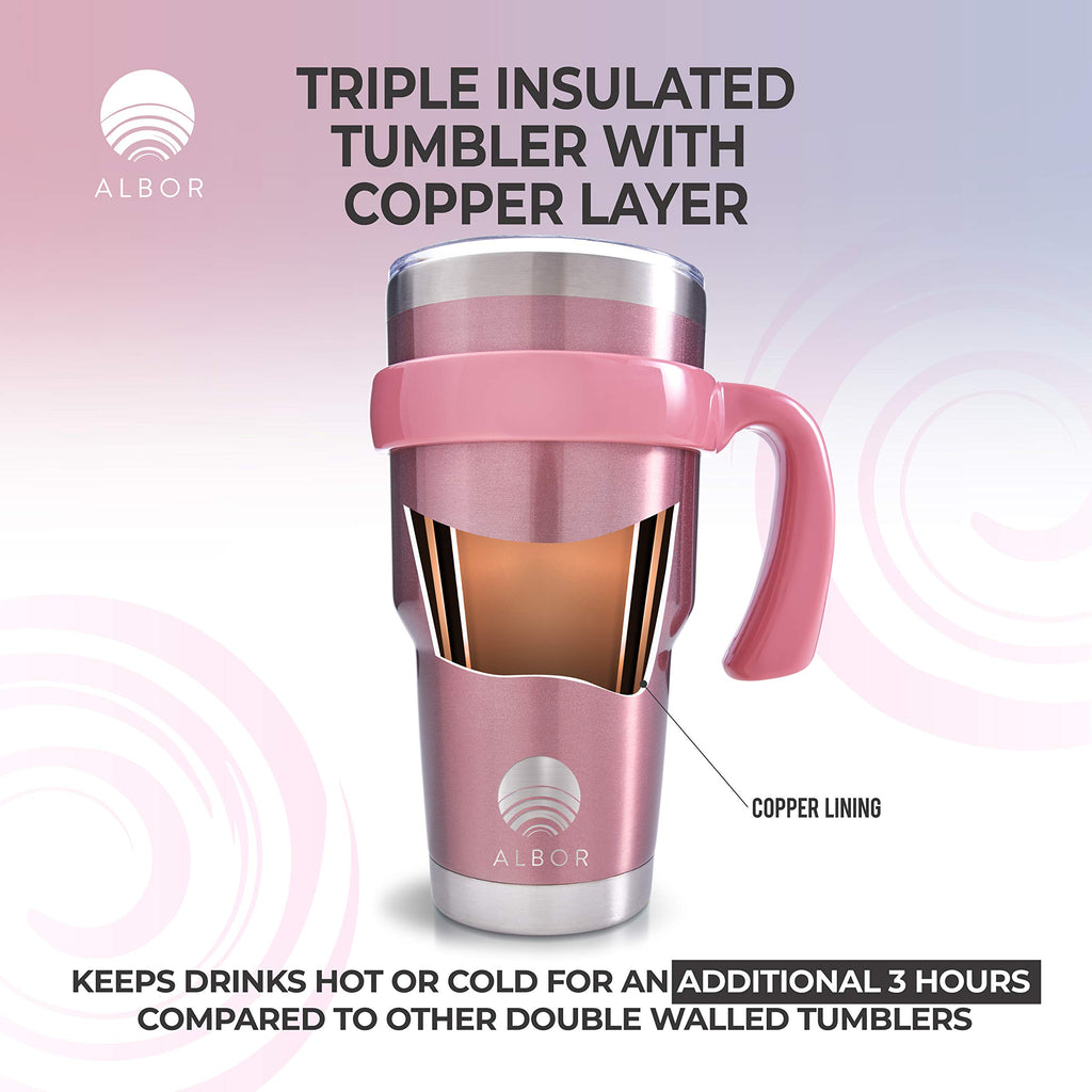 ALBOR Coffee Travel Mug with Handle 30oz/900ml - Stainless Steel Travel Coffee Mug - Insulated Tumbler with Straw and Lid - Tasse a Cafe Isotherme - Insulated Coffee Mug Travel - Rose Gold