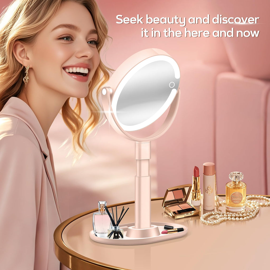 Miroir de maquillage sur pied noir éclairé, face ronde pour reflet et retouches