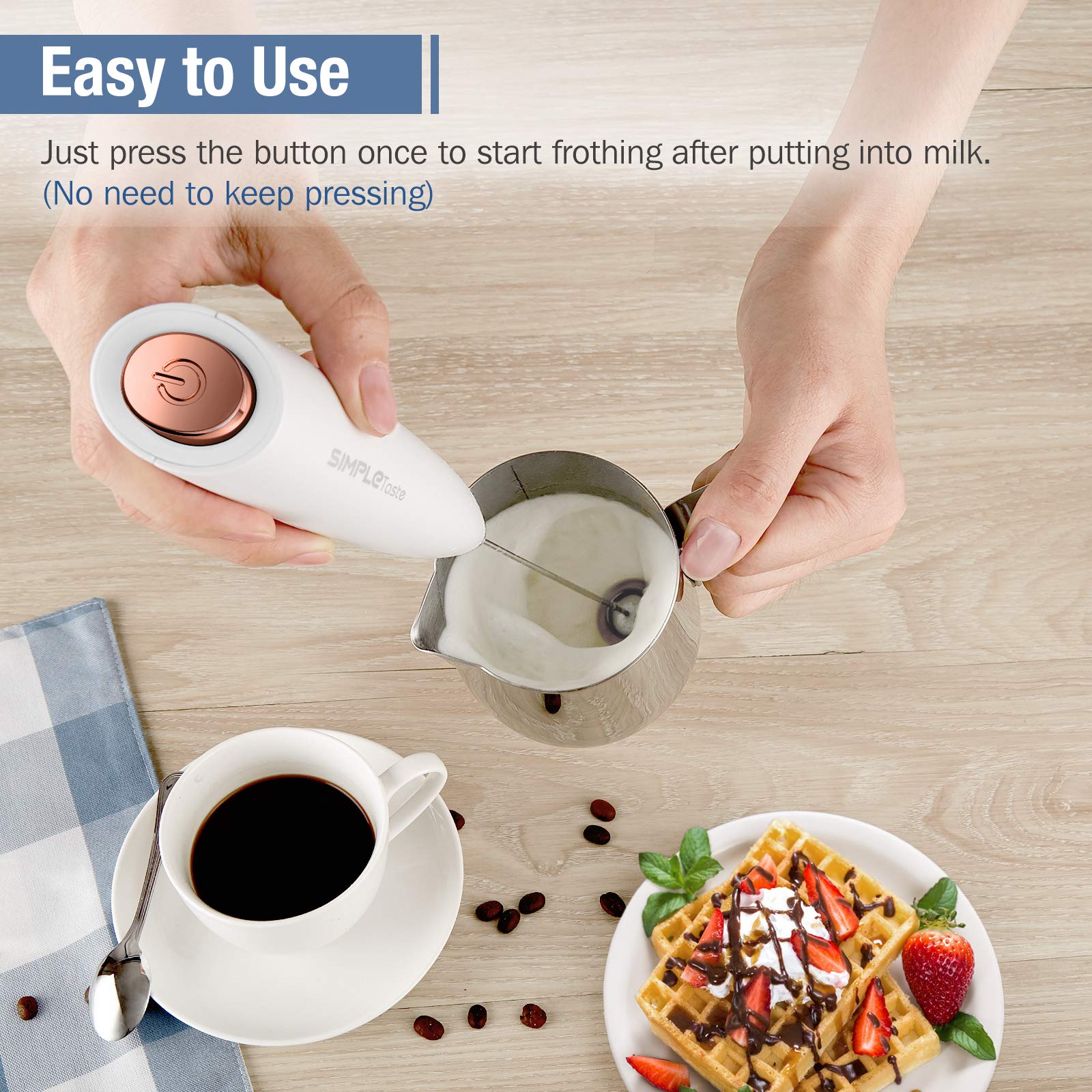 SIMPLETASTE Milk Frother Handheld Electric Foam Maker, Drink Mixer with Stainless Steel Whisk for Cappuccino, Bulletproof Coffee, Latte, Blizzard White, Without Stand, Battery Operated