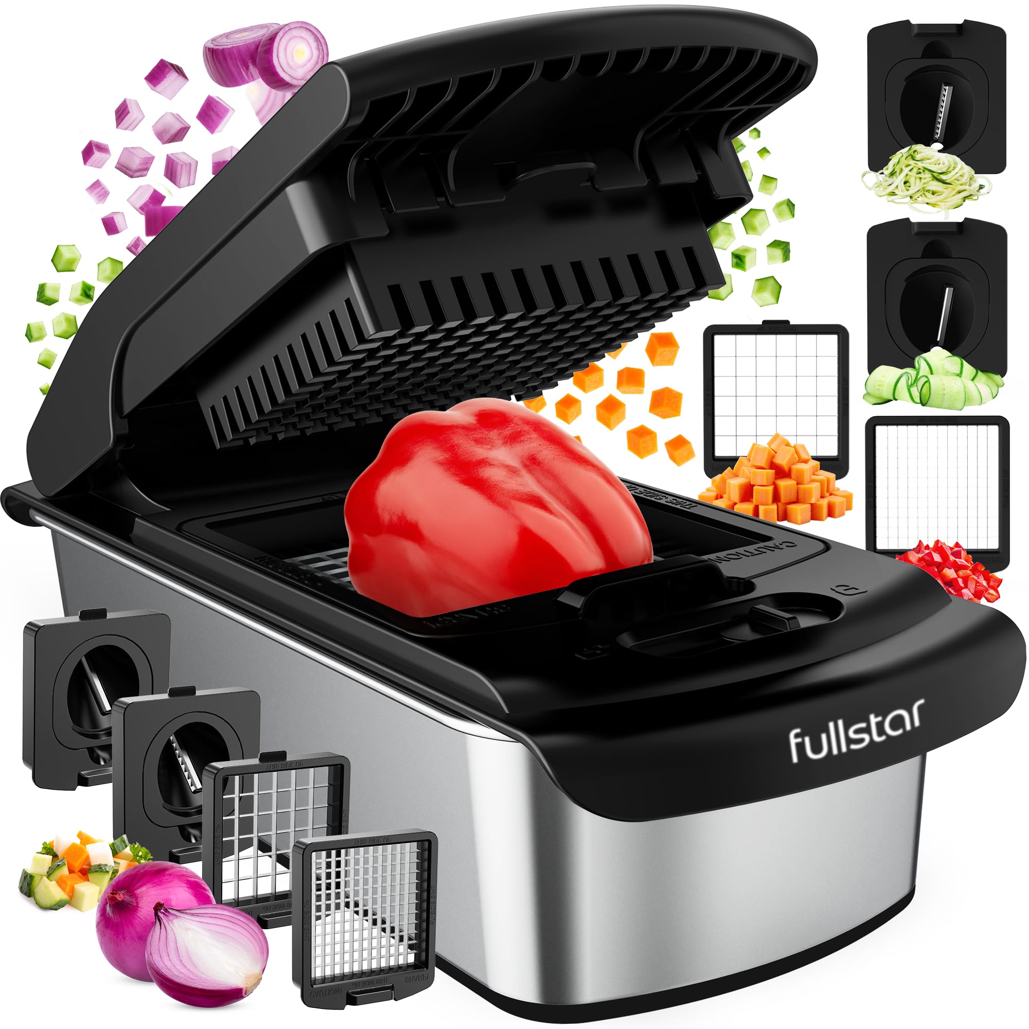 Fullstar Vegetable Chopper & Cutter - Slicer Dicer Spiralizer with Container for Food Veggie Onion Cucumber Tomato Salad Potato French Fry - Kitchen Essentials & Gadgets (PRO 4-in-1, White)