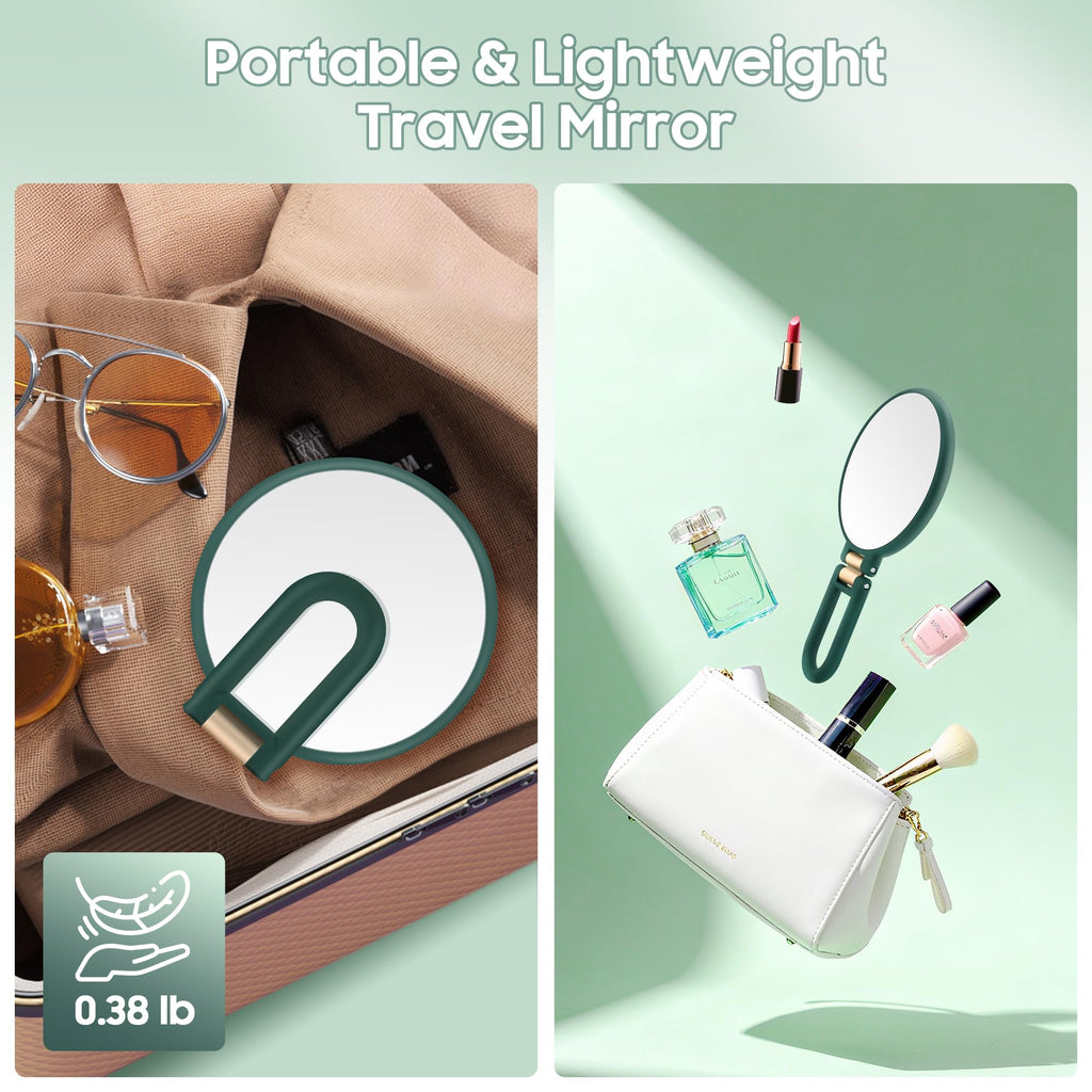 Miroir de maquillage portatif à manche, cadre vert et surface ronde, prêt pour le voyage