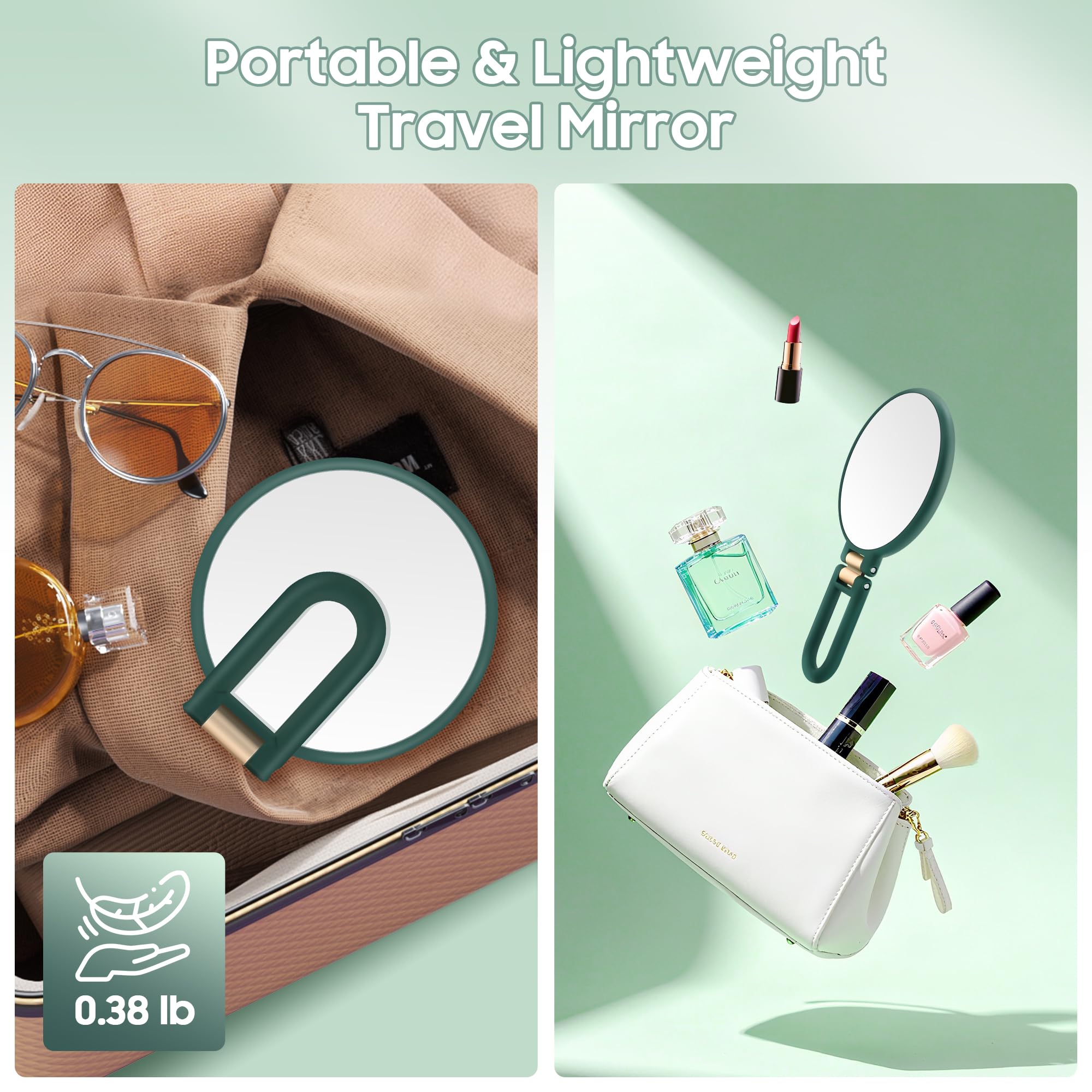 Miroir de maquillage portatif à manche, cadre vert et surface ronde, prêt pour le voyage