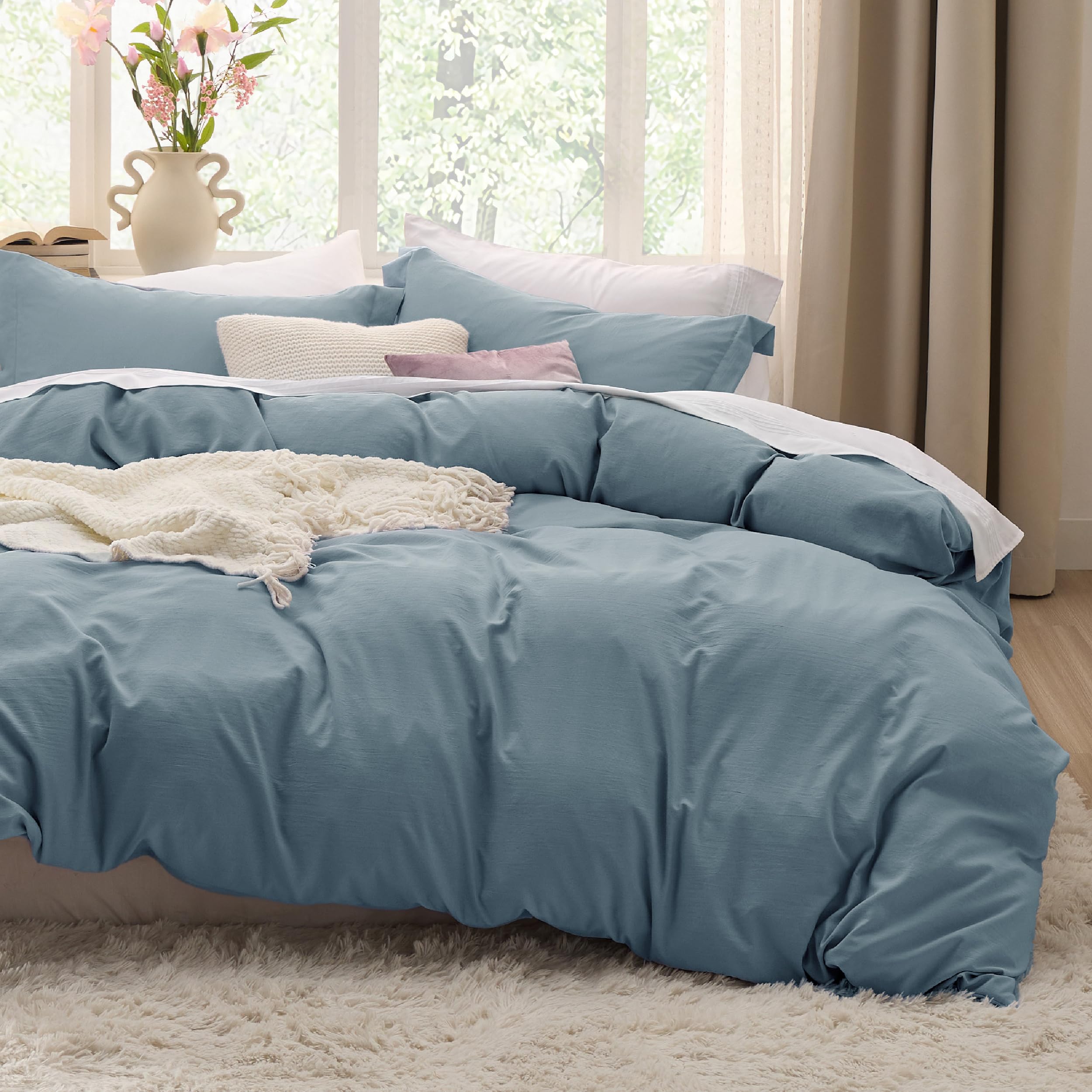 Bedsure Duvet Cover Queen Size - 3 Pieces Prewashed Cotton-Like Extra Soft Bedding Set, Includes 1 Duvet Cover 90x90 Inches with Zipper Closure & 2 Pillow Shams, Linen, Comforter Not Included