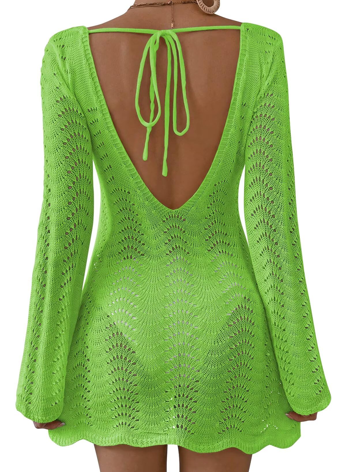 Falechay Womens Swimsuit Cover Up Long Sleeve Crochet Bathing Suit Mesh Backless Cover Ups Summer Beach Vacation Outfits 2026