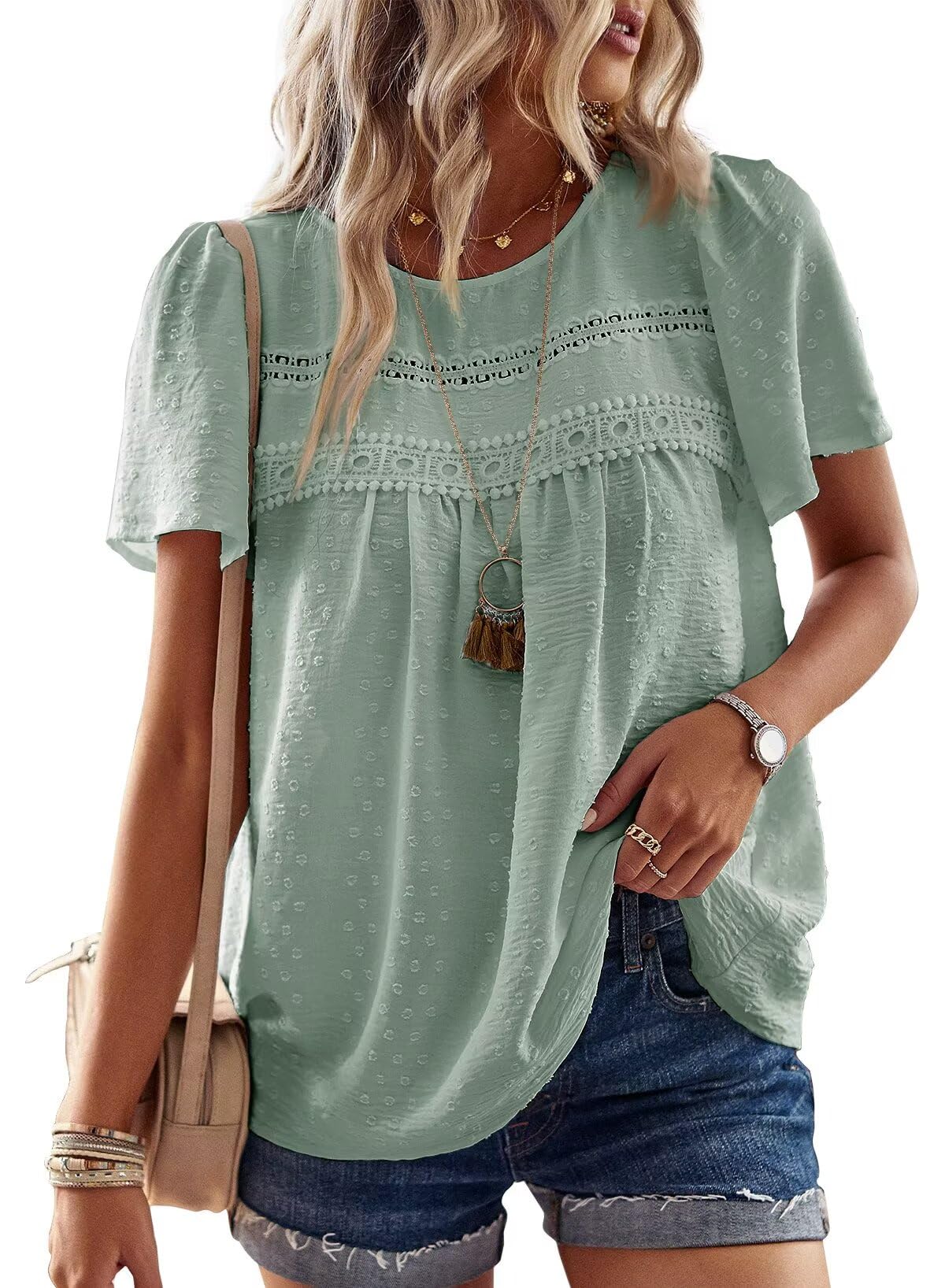 Falechay Womens Summer Tops Crewneck Short Sleeve Shirts Casual Chiffon Blouses Flowy Lace Hem Boho Clothing Trendy 2026