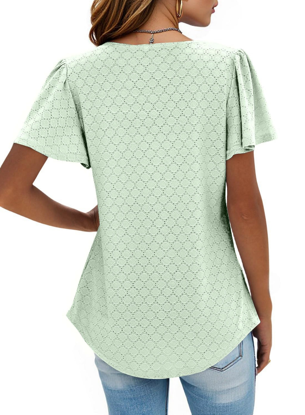 isermeo Summer Tops for Women Pleated Square Neck Ruffle Sleeve Shirts Casual Loose Flowy Curved Hem Tunic S-XXL