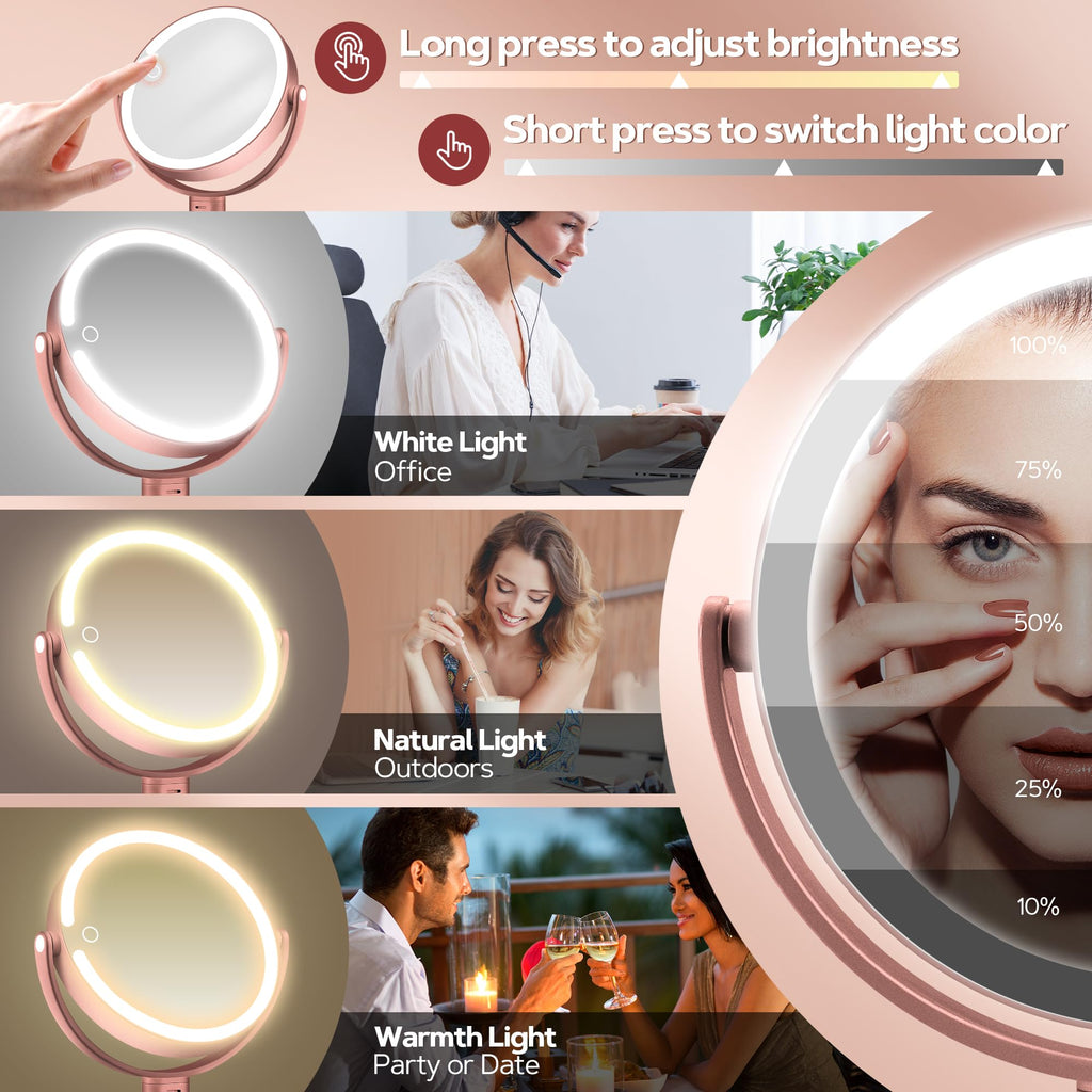 Miroir de maquillage lumineux rond sur pied, intensités réglables, cadre blanc