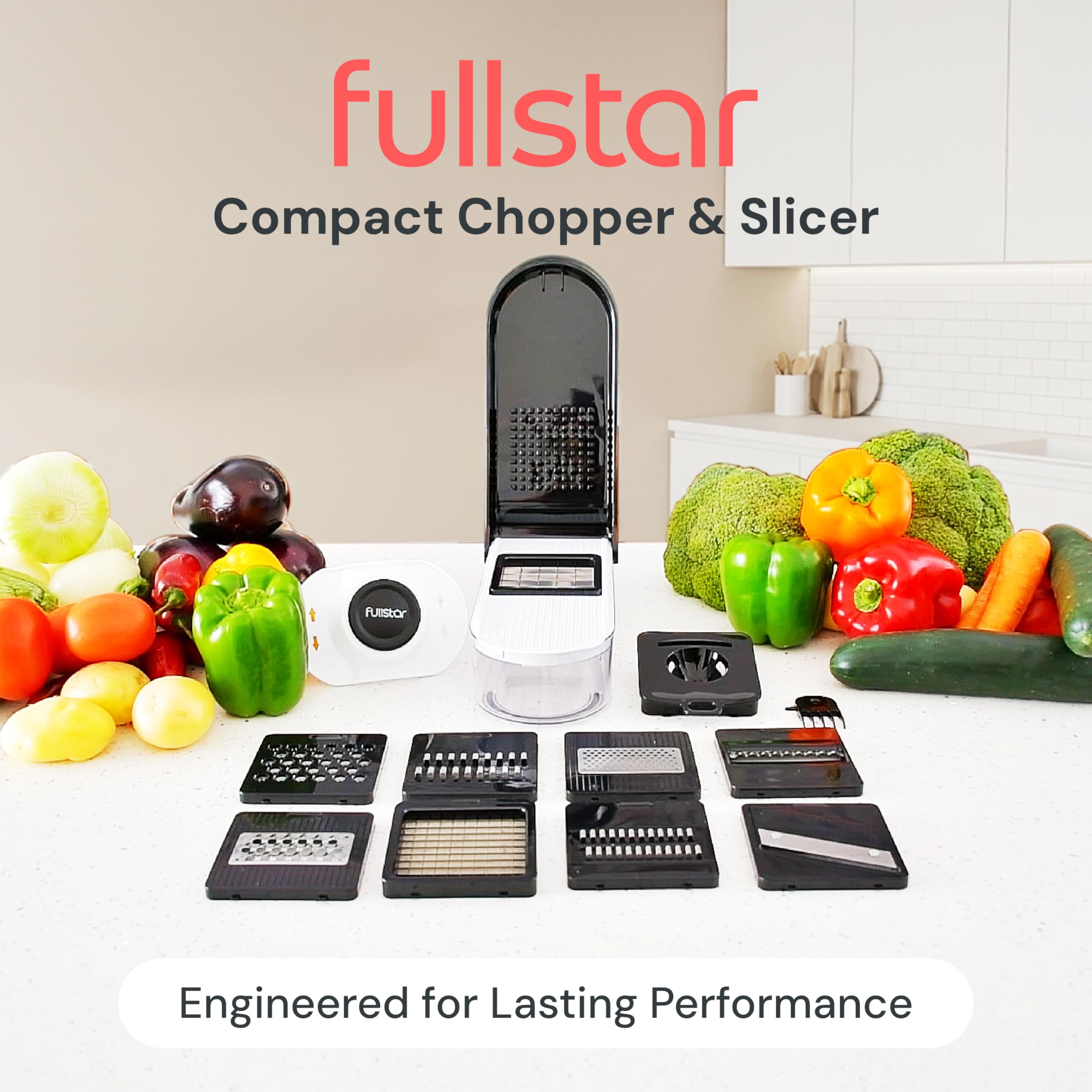 Fullstar Vegetable Chopper & Mandoline Slicer - Julienne Cutter Dicer Grater for Food Veggie Onion Cucumber Tomato Salad Potato Cheese - Kitchen Essentials & Gadgets (Compact 6-in-1, White)