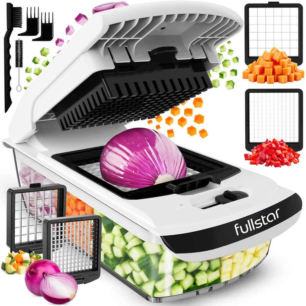 Fullstar Vegetable Chopper & Cutter - Slicer Dicer Spiralizer with Container for Food Veggie Onion Cucumber Tomato Salad Potato French Fry - Kitchen Essentials & Gadgets (PRO 4-in-1, White)
