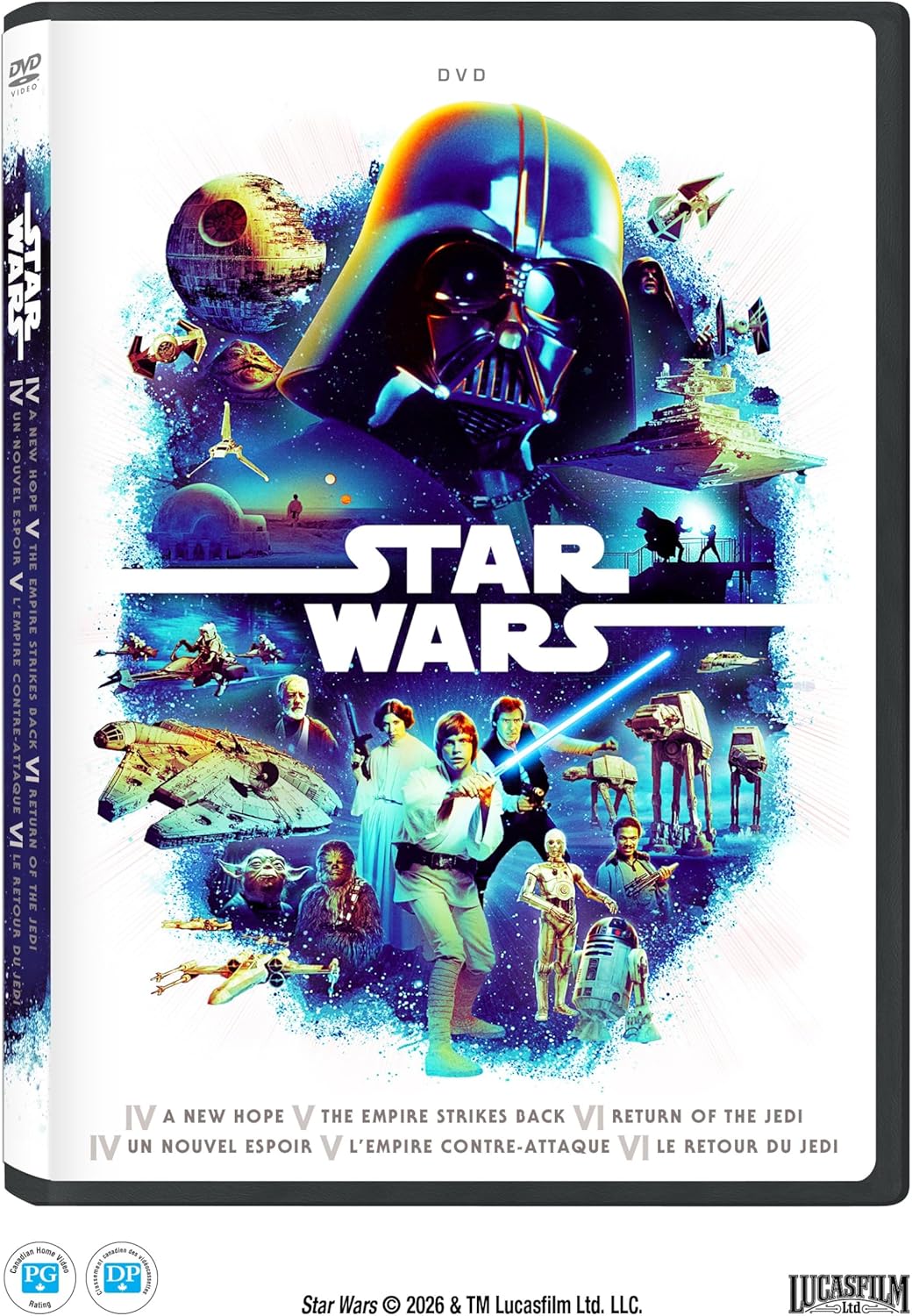 Coffret DVD Star Wars avec couverture illustrée par Dark Vador et vaisseaux