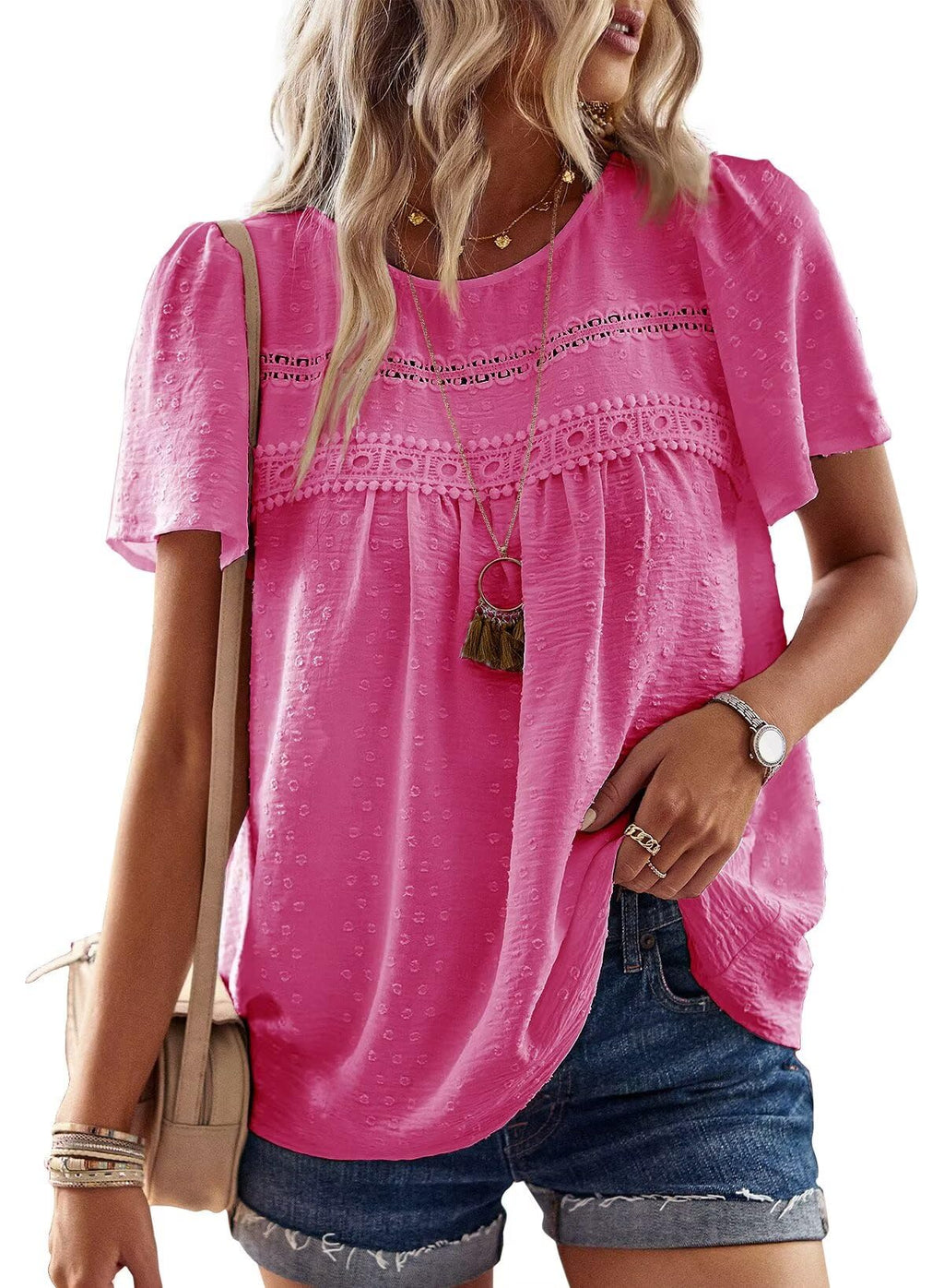 Falechay Womens Summer Tops Crewneck Short Sleeve Shirts Casual Chiffon Blouses Flowy Lace Hem Boho Clothing Trendy 2026