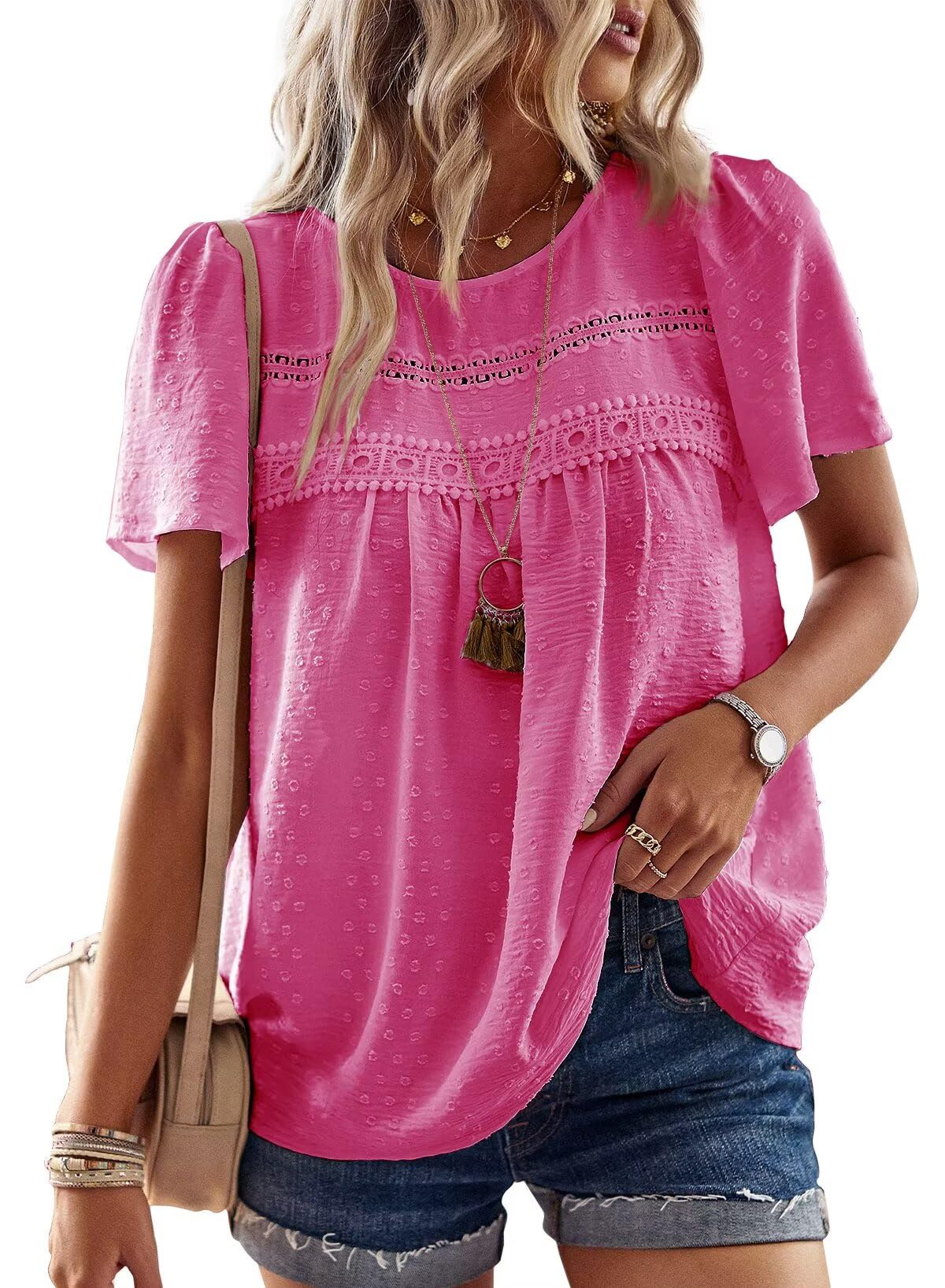 Falechay Womens Summer Tops Crewneck Short Sleeve Shirts Casual Chiffon Blouses Flowy Lace Hem Boho Clothing Trendy 2026