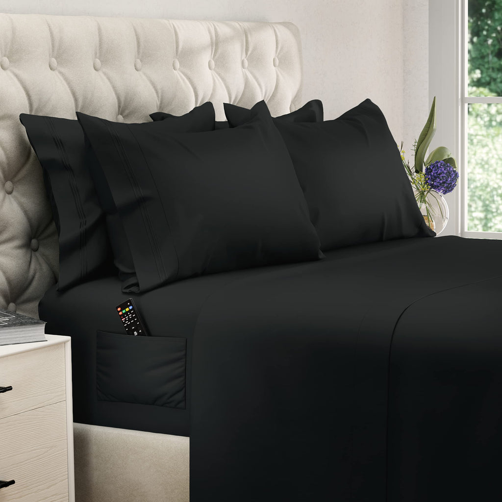DREAMCARE Bedding Sets Queen - 6 Piece Queen Bed Sheets - Deep Pocket up to 15 in - Draps Lit Queen - Luxury Hotel Sheets & Pillowcases Set - Shrink & Fade Resistant (Queen, Navy Blue