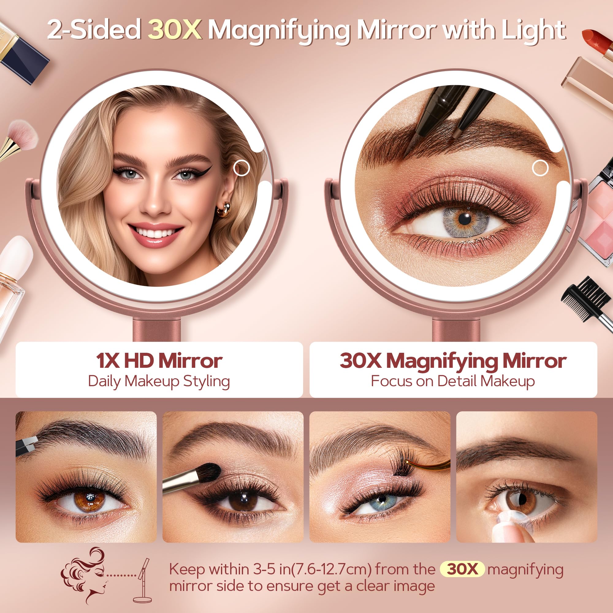 Miroir grossissant double face lumineux 30x, gros plan sur l’œil et le cadre