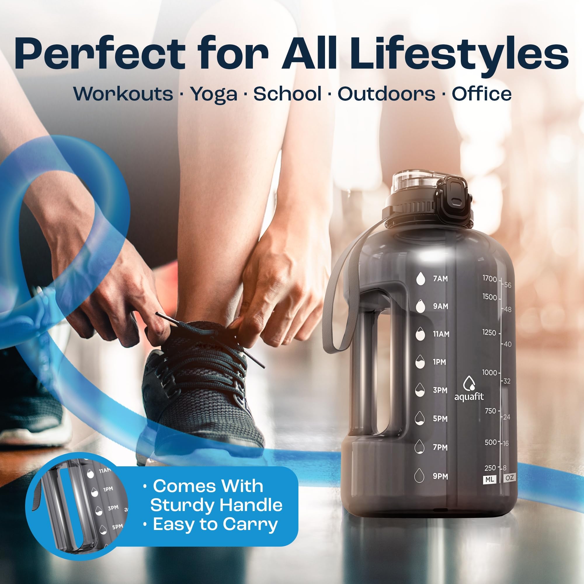 AQUAFIT 2l Water Bottle with Straw - Half Gallon Water Bottle - Motivational Gym Water Bottles 2l - 2 Liter Water Bottle Time Marker - Half Gallon Water Jug 64 oz - Large Water Bottle Gray