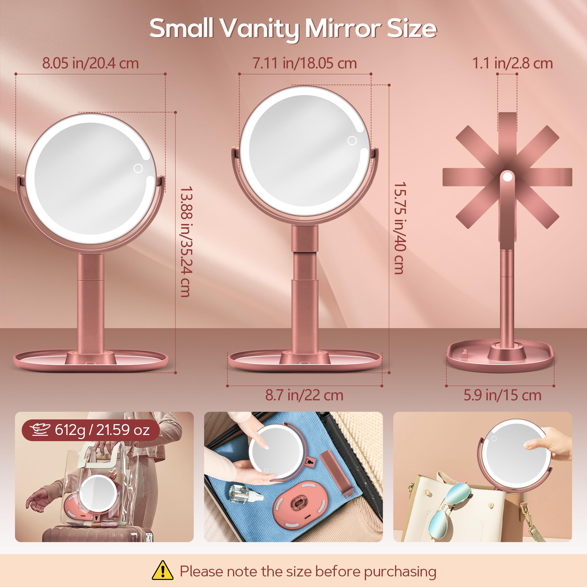 Miroir de vanité sur pied rose doré, présentation des tailles.