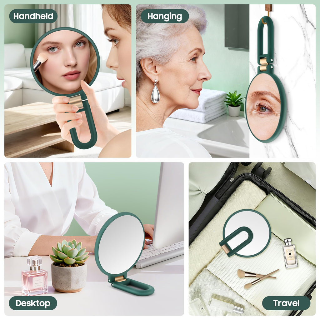 Miroir de maquillage portatif double face avec manche, cadre noir et surface ronde