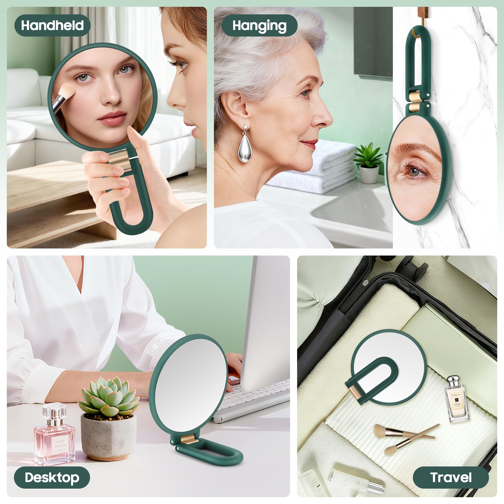 Miroir de maquillage portatif double face avec manche, cadre noir et surface ronde
