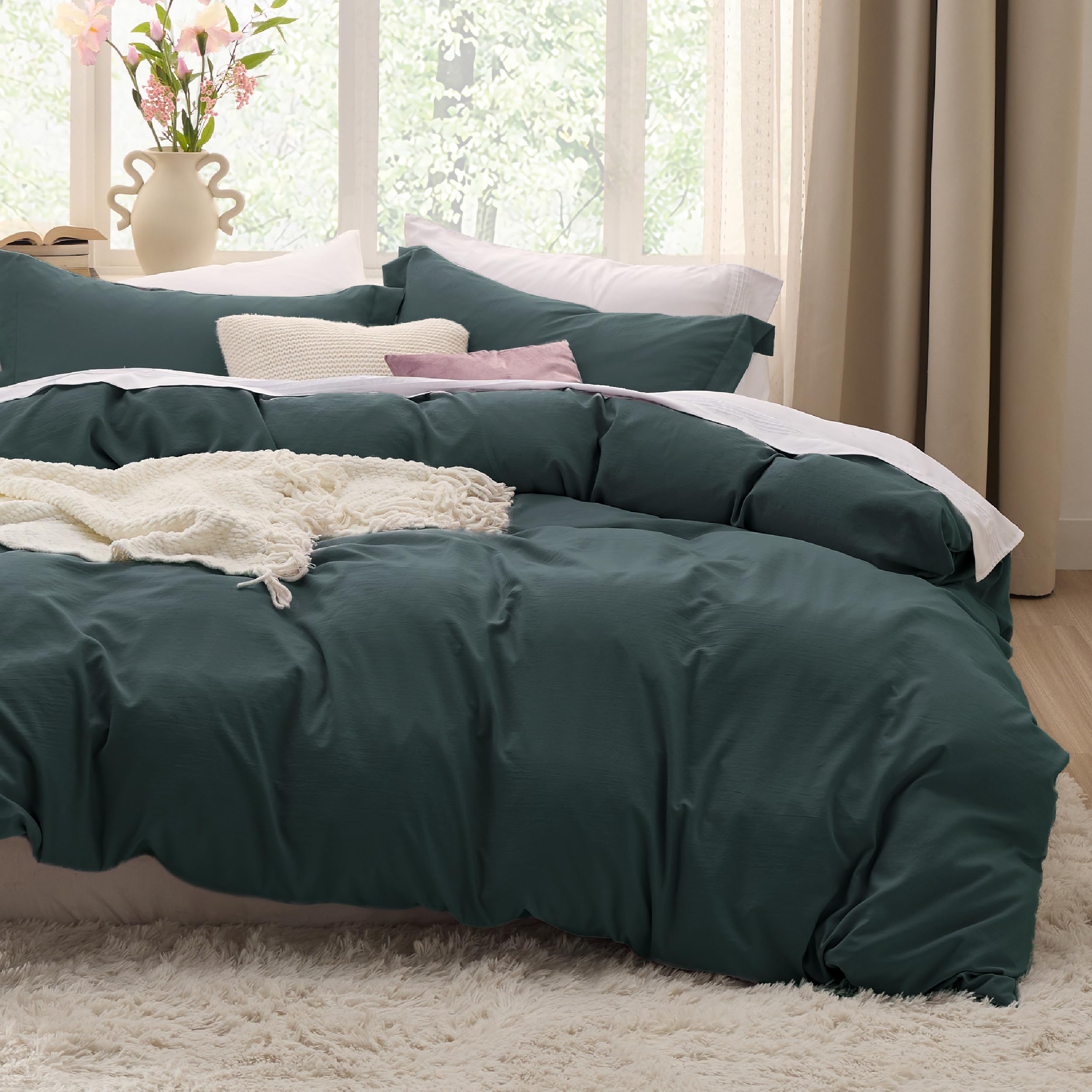 Bedsure Duvet Cover Queen Size - 3 Pieces Prewashed Cotton-Like Extra Soft Bedding Set, Includes 1 Duvet Cover 90x90 Inches with Zipper Closure & 2 Pillow Shams, Linen, Comforter Not Included
