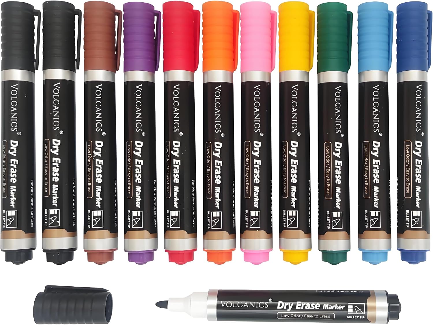 Lot de 12 marqueurs tableau blanc effaçables Volcanics, pointes larges, couleurs assorties
